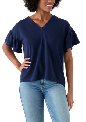 Crown & Ivy Women's Short Ruffle Sleeve V-Neck Top, Navy Blue, Small