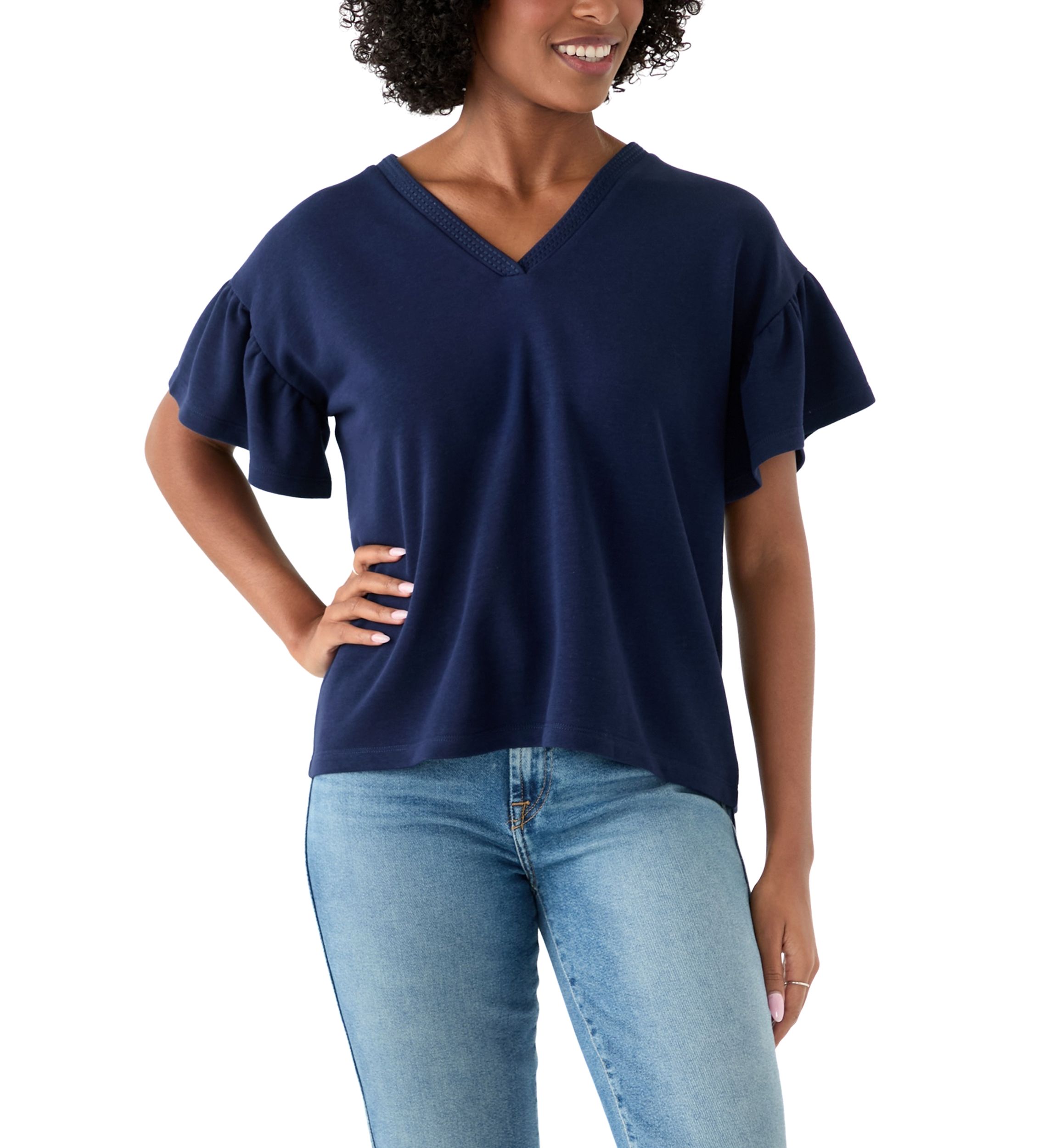 Womens Short Ruffle Sleeve V-Neck Top