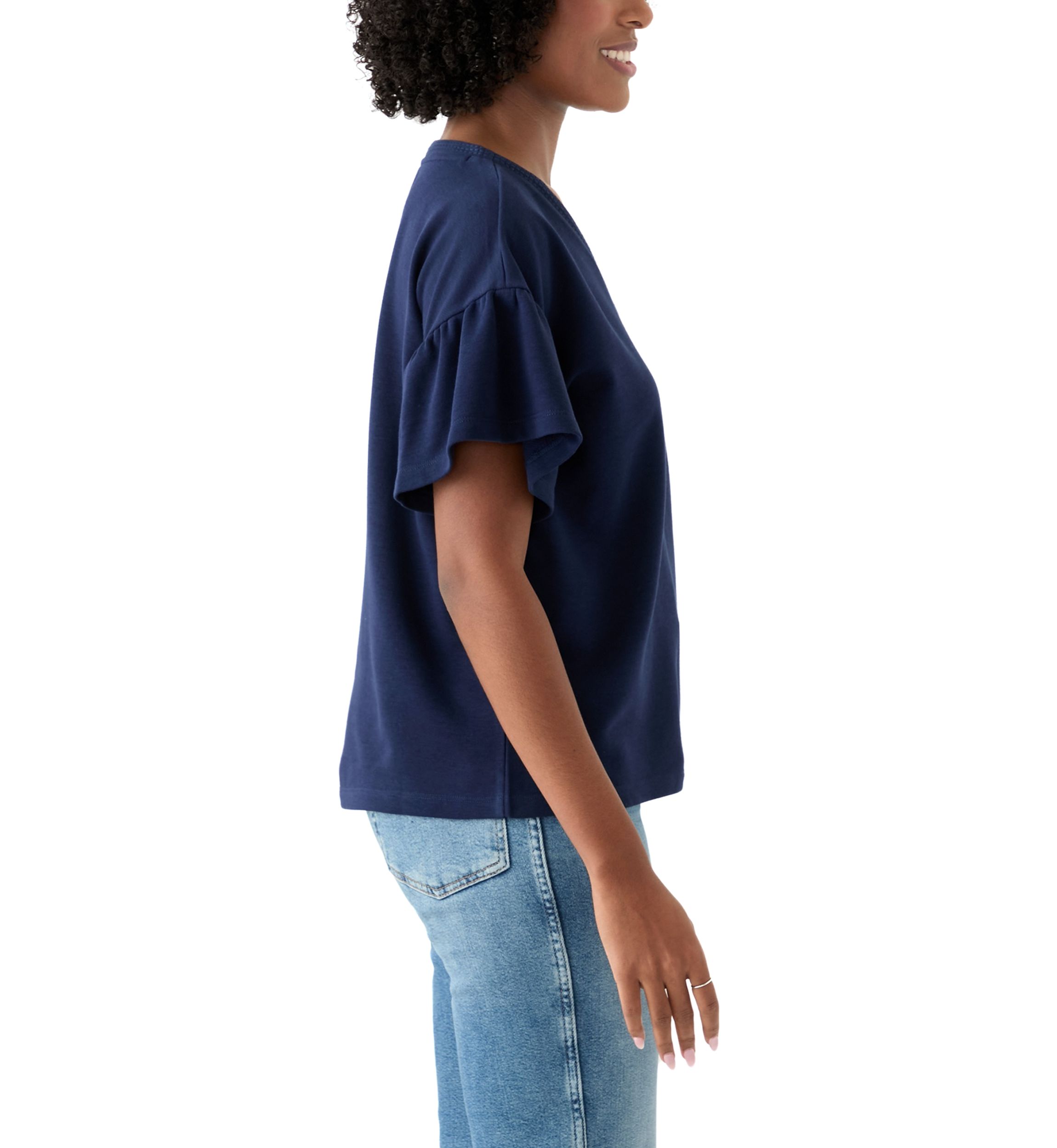 Womens Short Ruffle Sleeve V-Neck Top