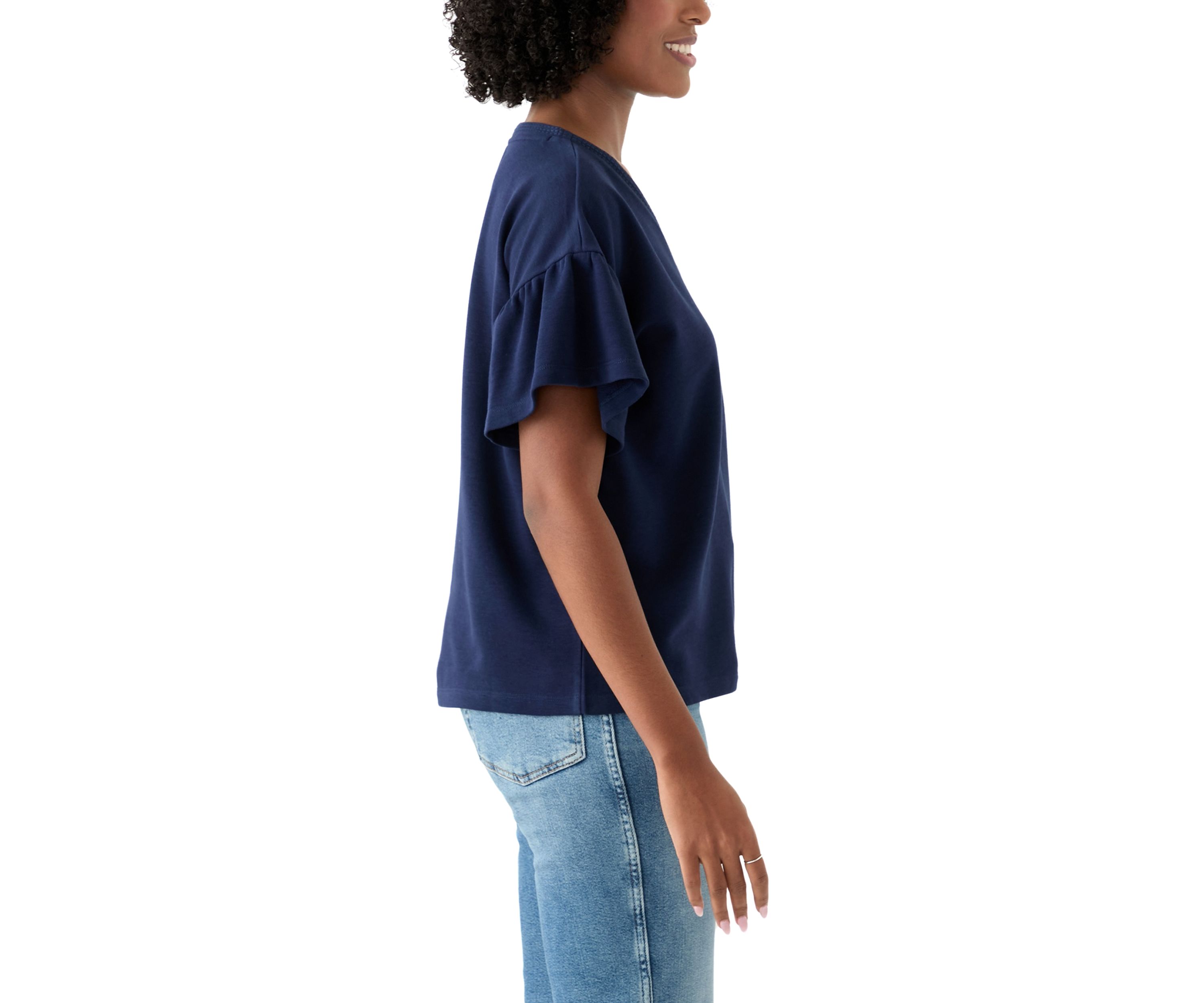 Womens Short Ruffle Sleeve V-Neck Top