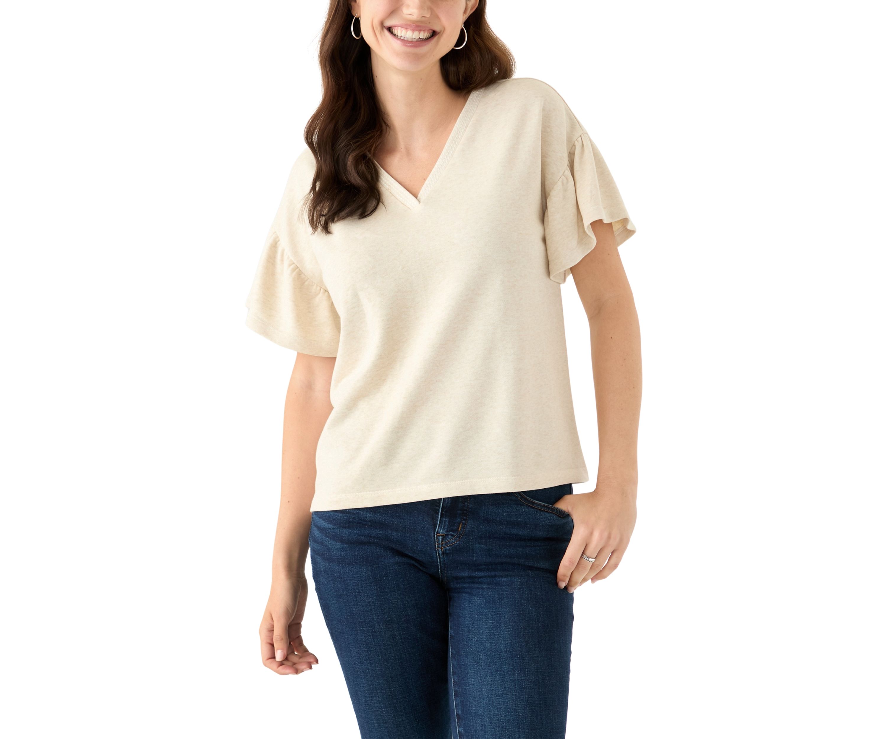 Womens Short Ruffle Sleeve V-Neck Top