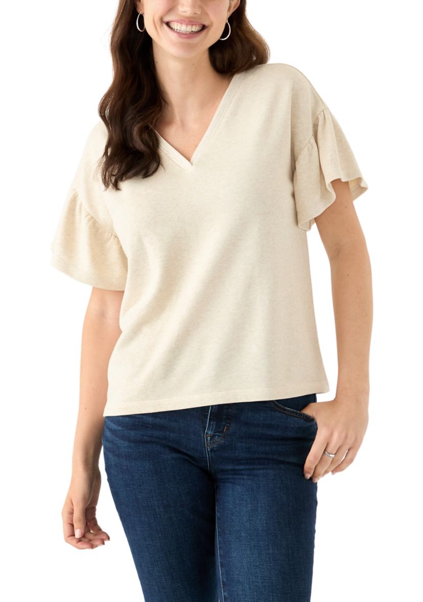 Womens Short Ruffle Sleeve V-Neck Top