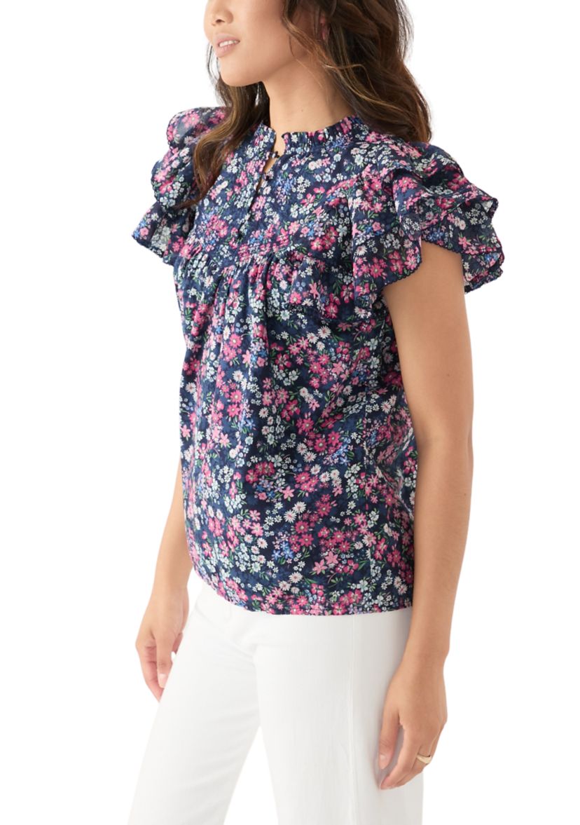 Womens Short Flutter Sleeve Printed Top