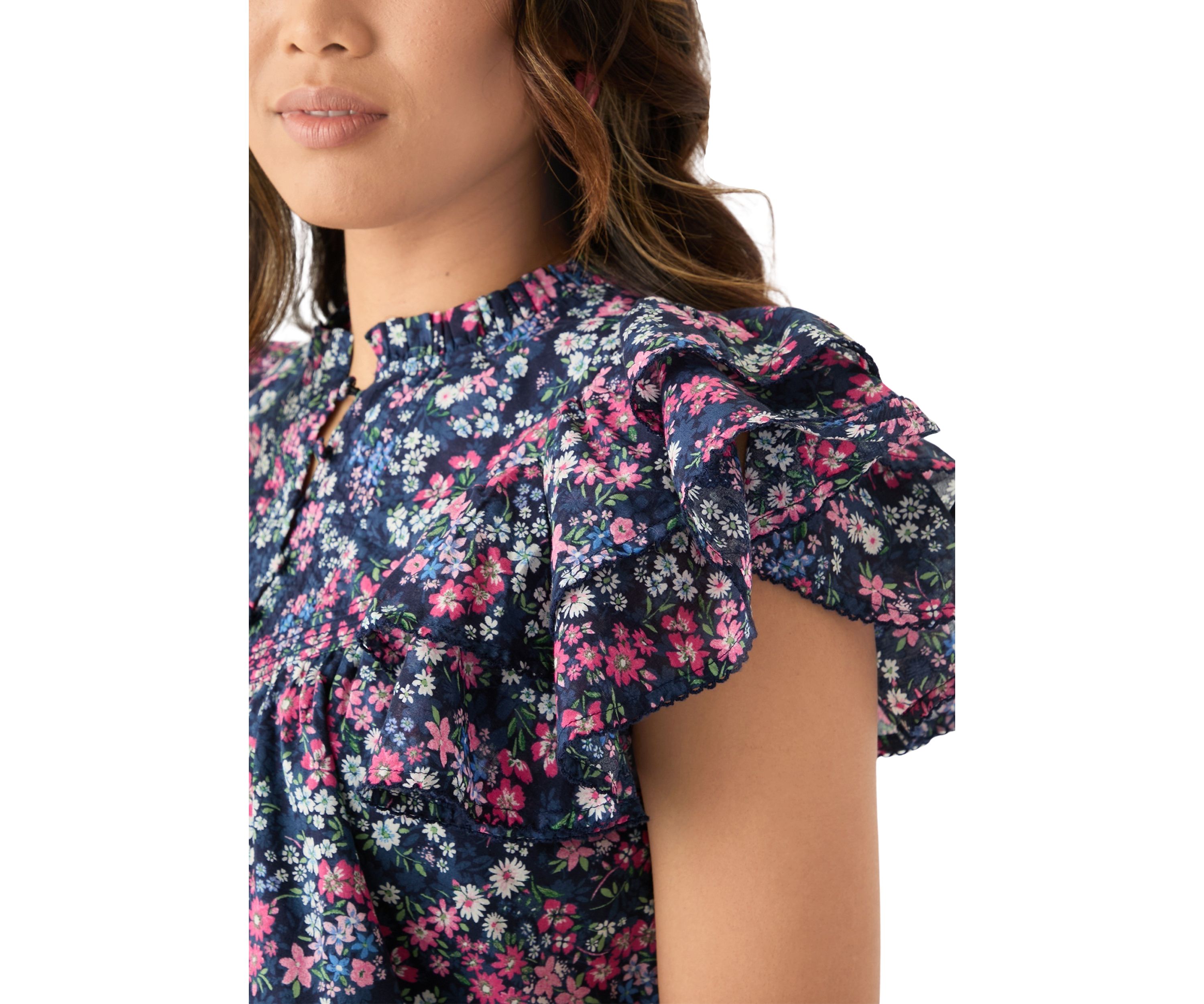 Womens Short Flutter Sleeve Printed Top