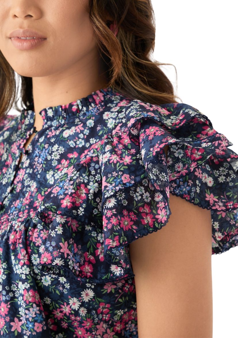Womens Short Flutter Sleeve Printed Top