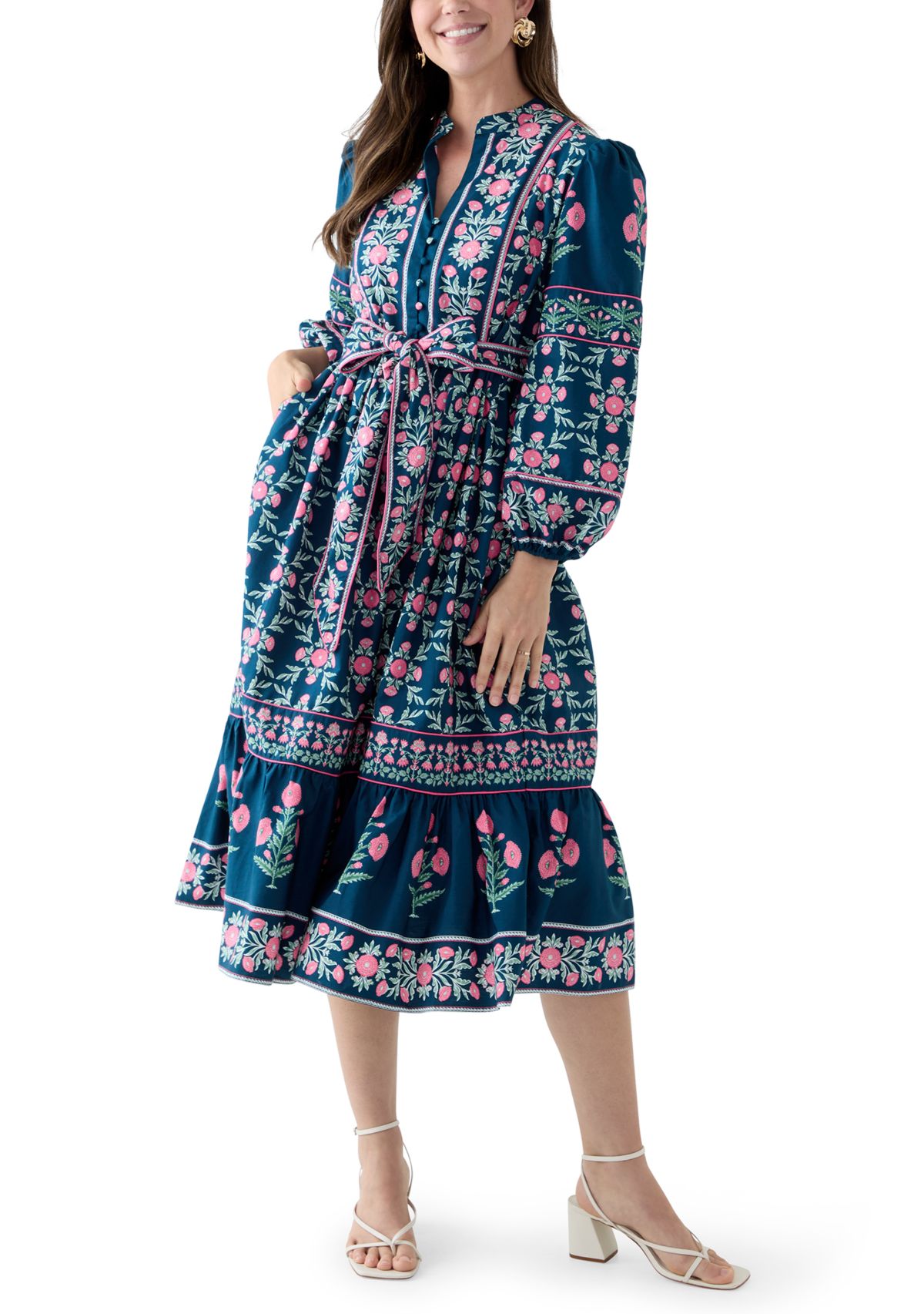 Womens Long Sleeve Midi Split Neck Dress