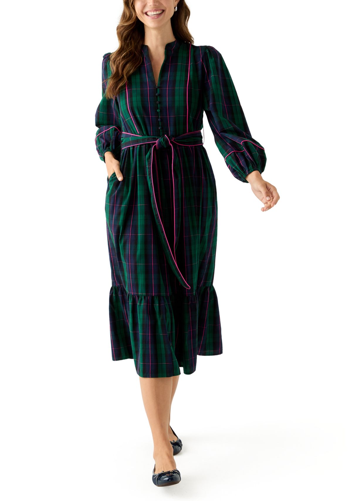 Womens Blouson Sleeve Plaid Midi Dress with Self Belt 