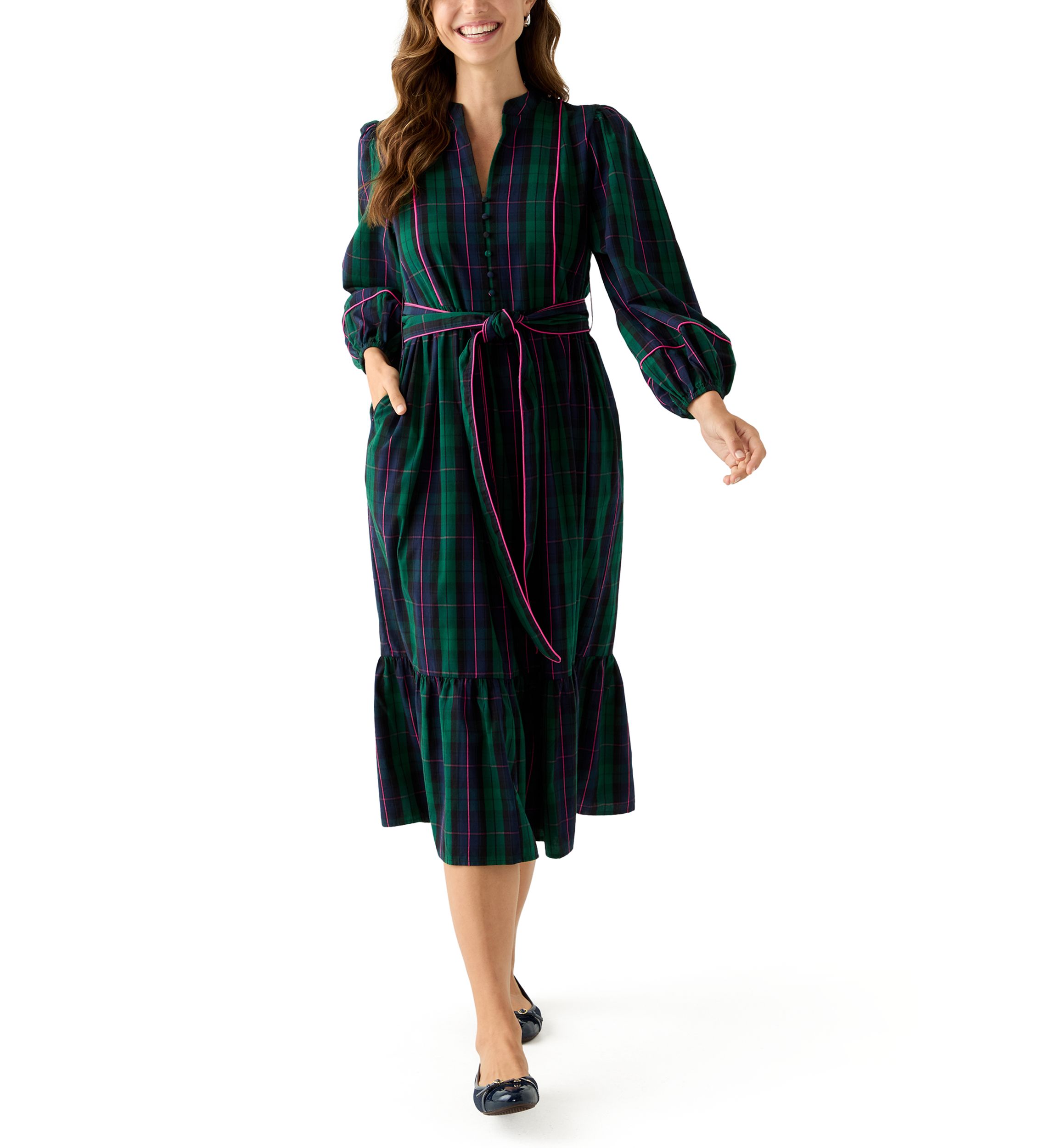 Womens Blouson Sleeve Plaid Midi Dress with Self Belt 