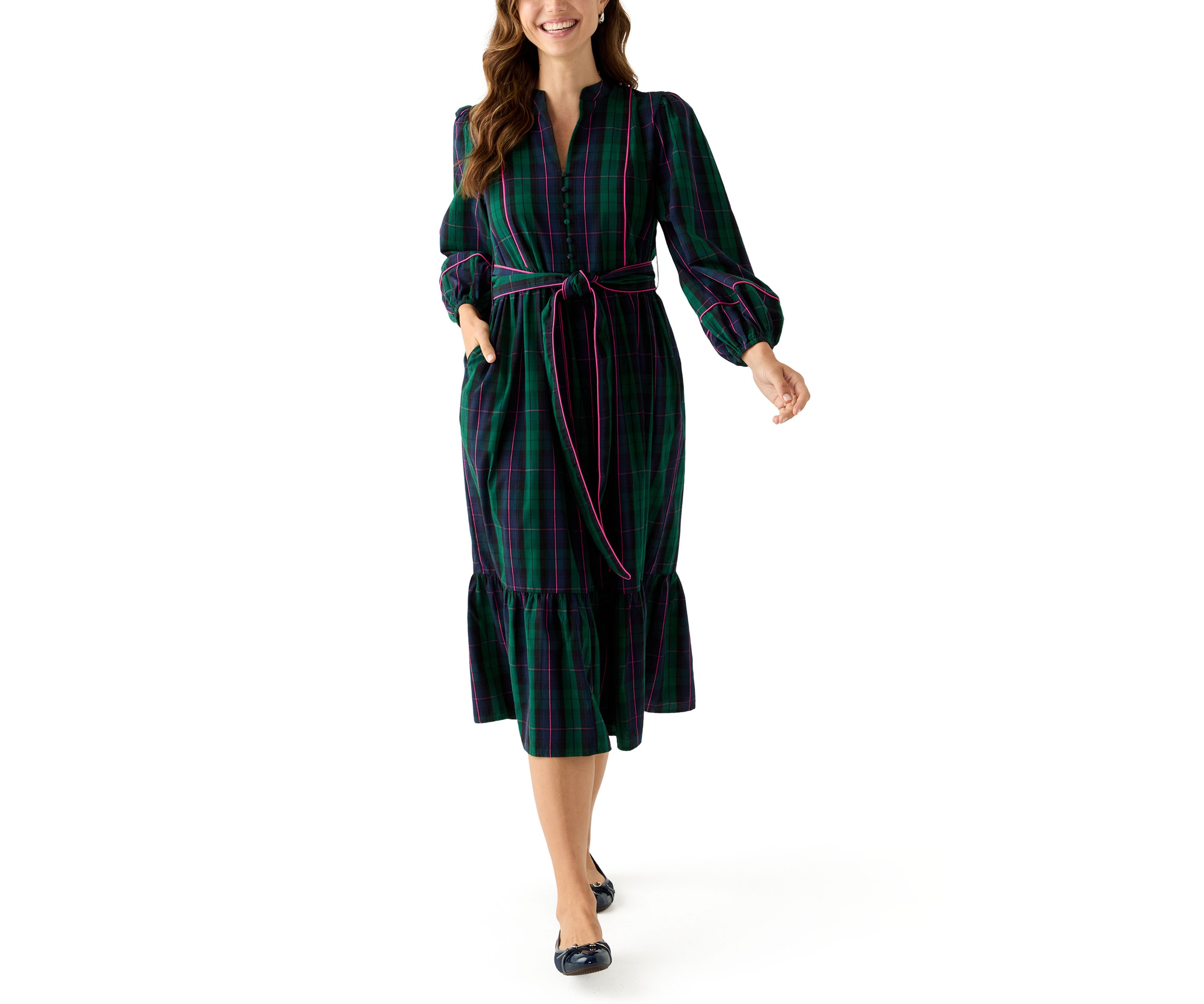 Womens Blouson Sleeve Plaid Midi Dress with Self Belt 