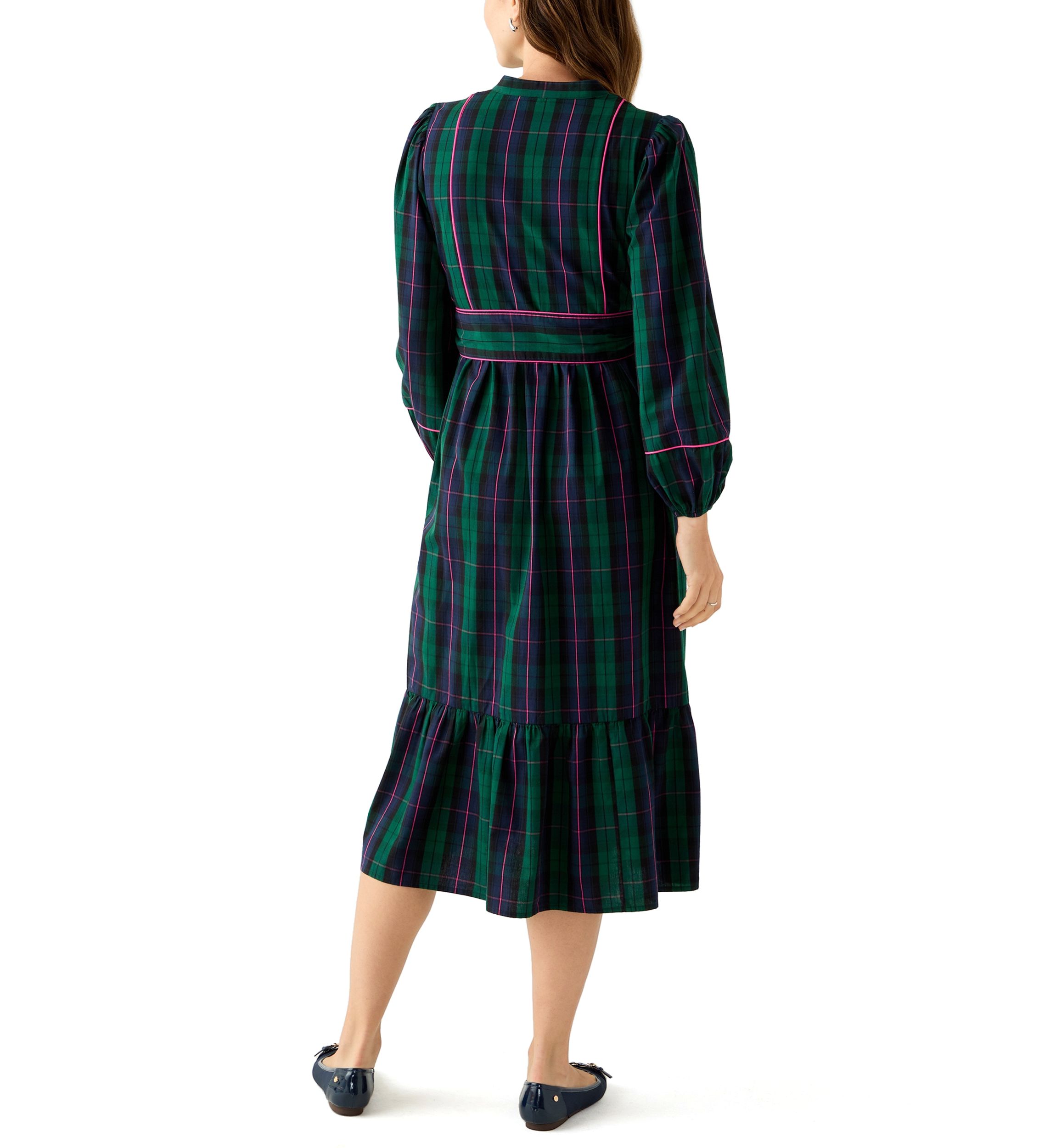 Womens Blouson Sleeve Plaid Midi Dress with Self Belt 