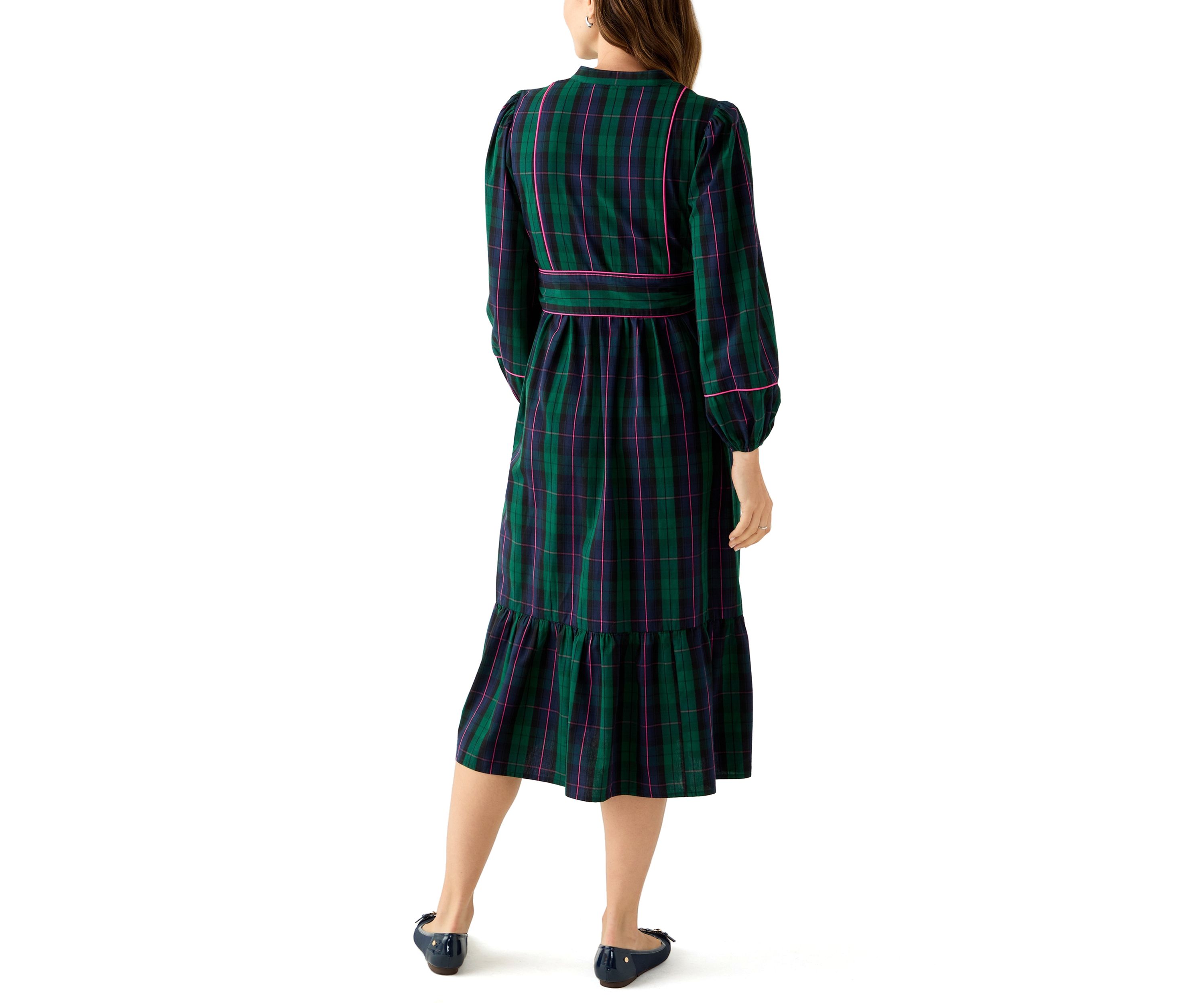 Womens Blouson Sleeve Plaid Midi Dress with Self Belt 