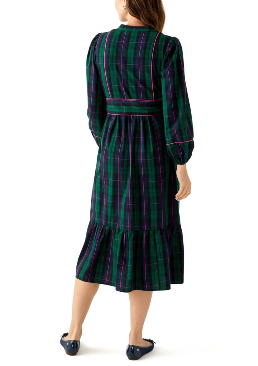 Womens Blouson Sleeve Plaid Midi Dress with Self Belt 