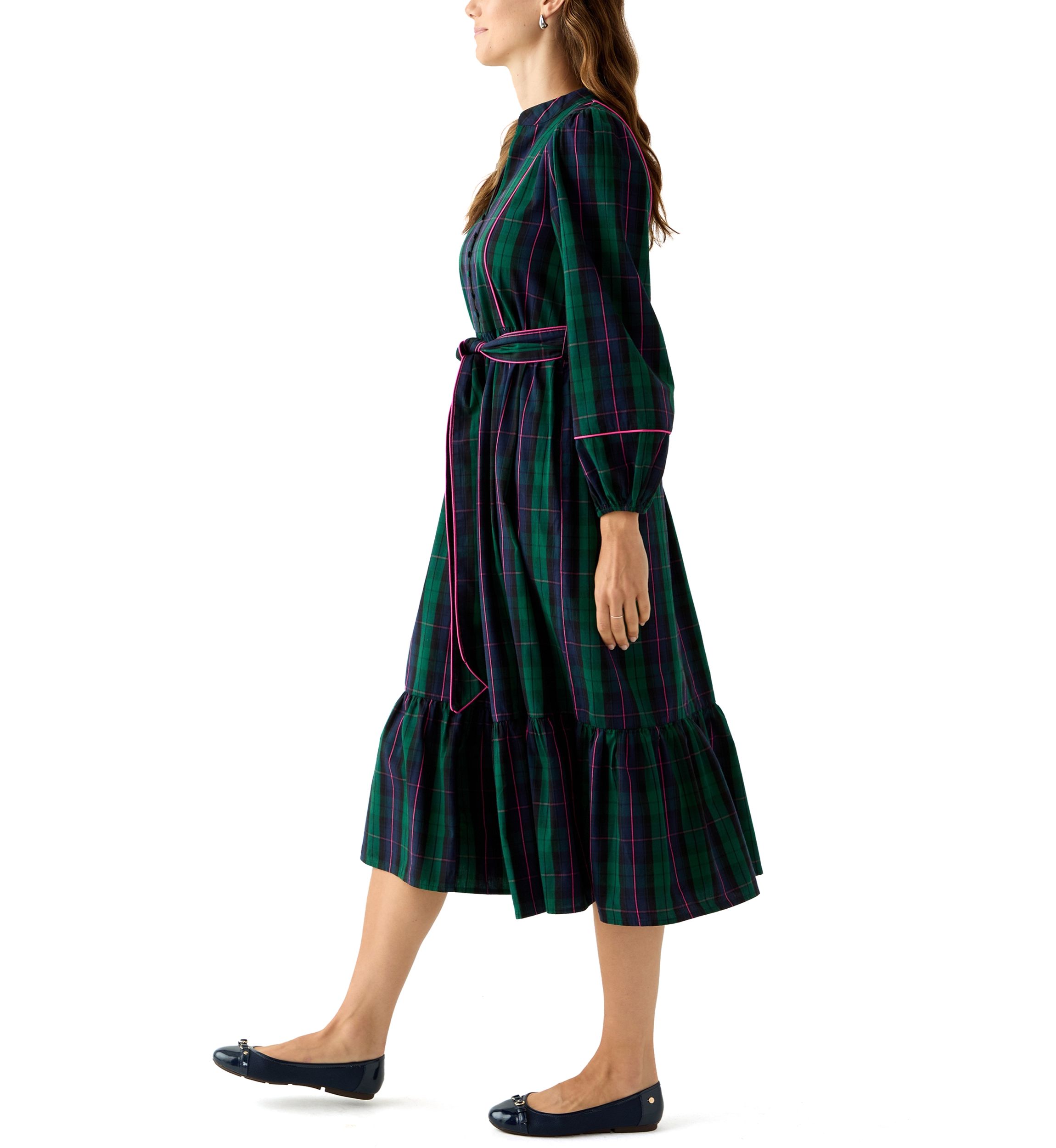 Womens Blouson Sleeve Plaid Midi Dress with Self Belt 