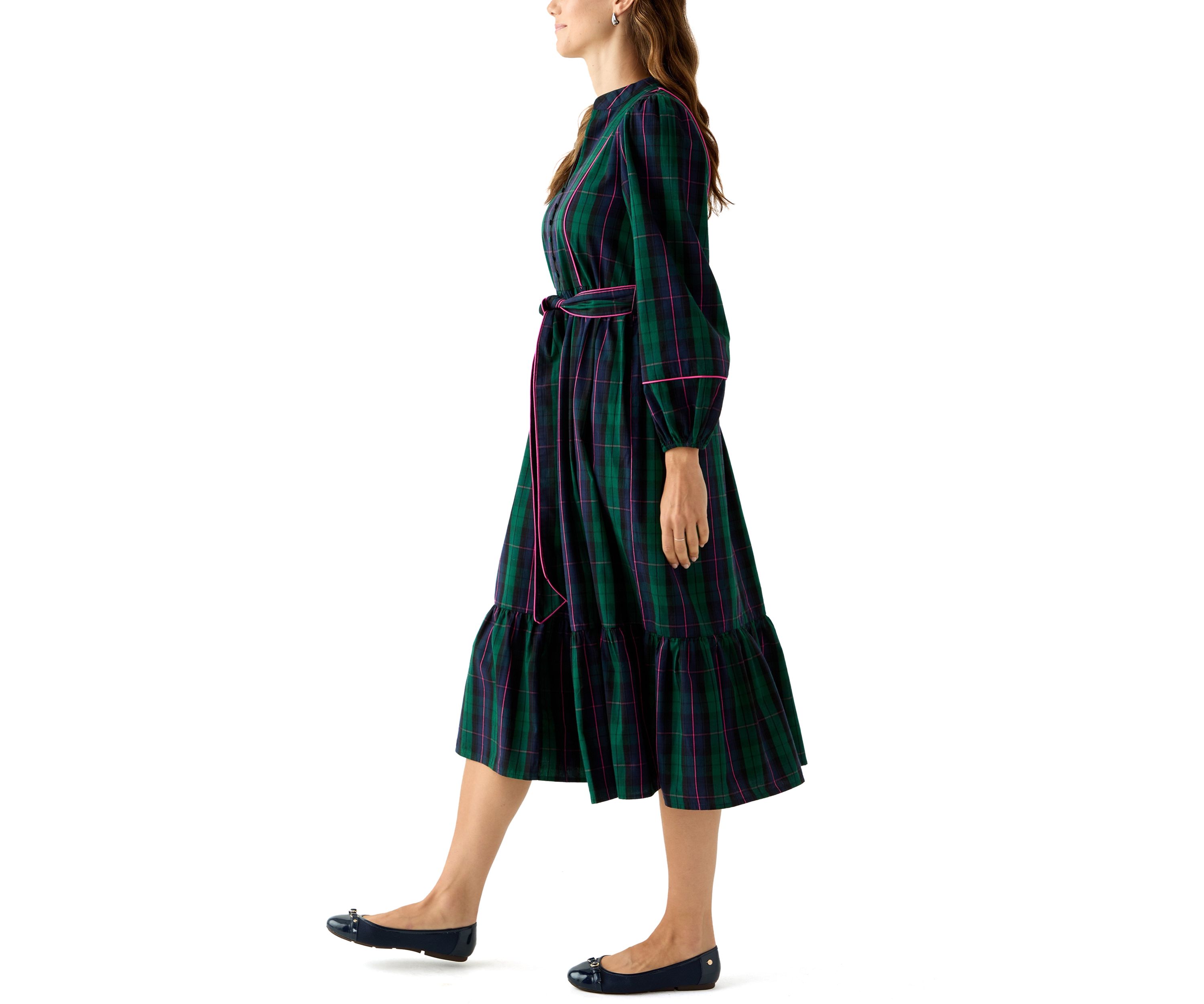 Womens Blouson Sleeve Plaid Midi Dress with Self Belt 