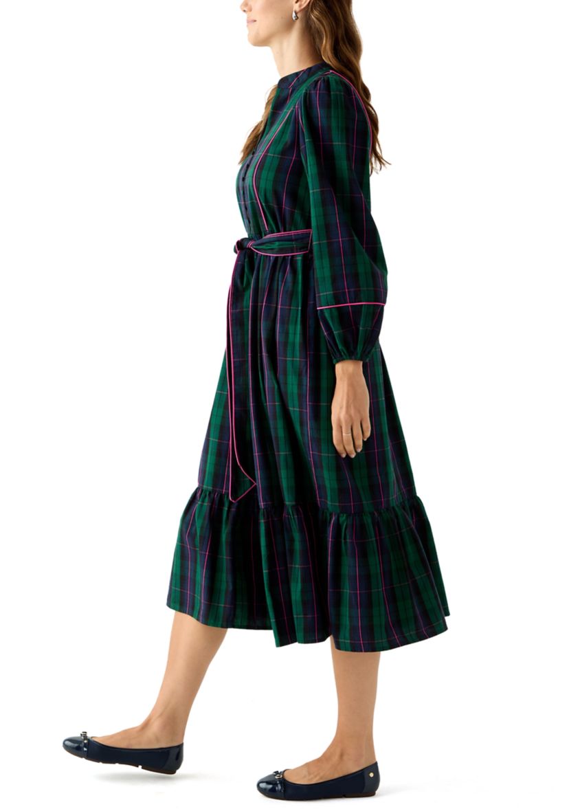 Womens Blouson Sleeve Plaid Midi Dress with Self Belt 