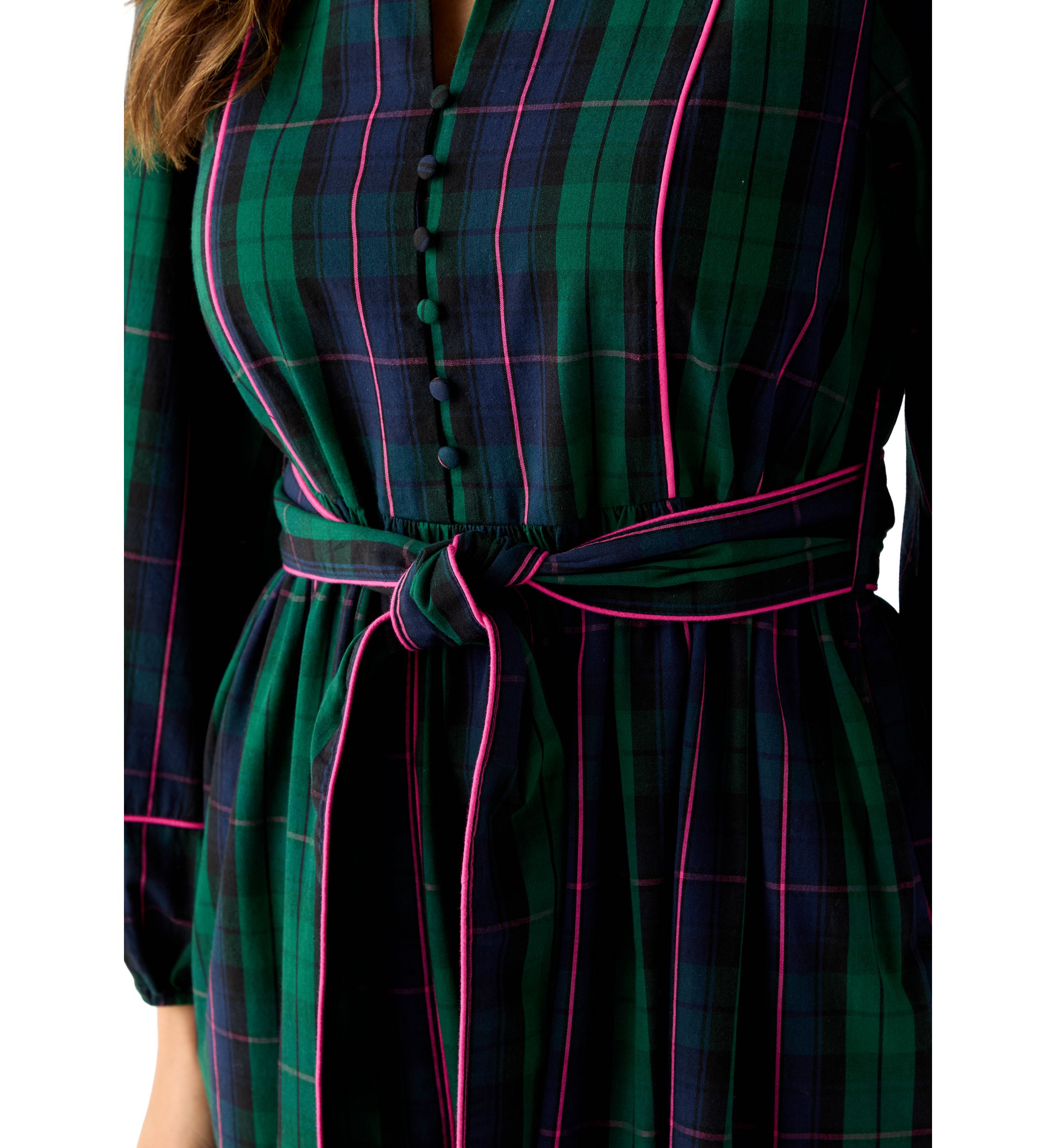 Womens Blouson Sleeve Plaid Midi Dress with Self Belt 