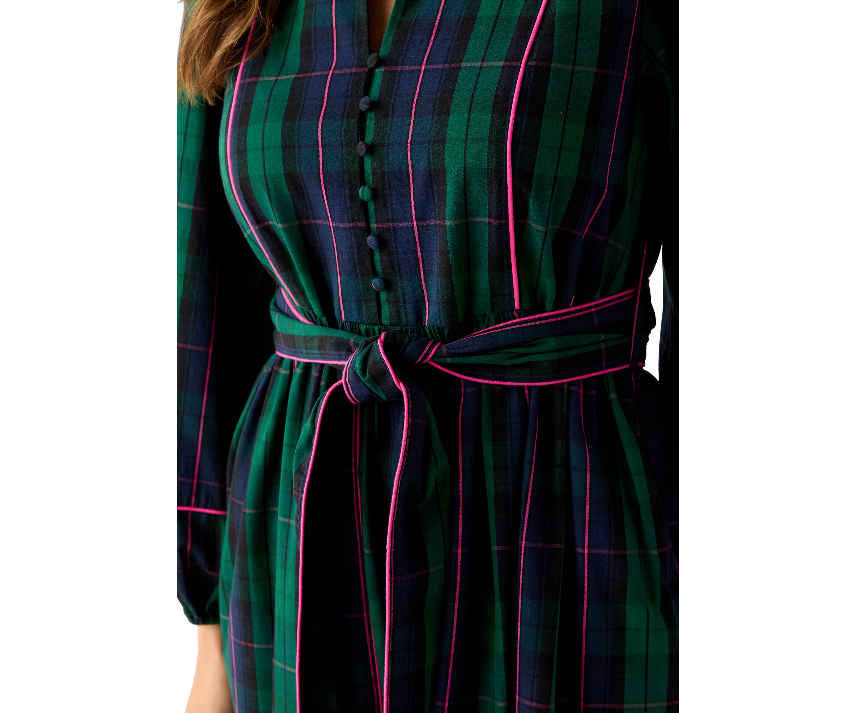 Womens Blouson Sleeve Plaid Midi Dress with Self Belt 