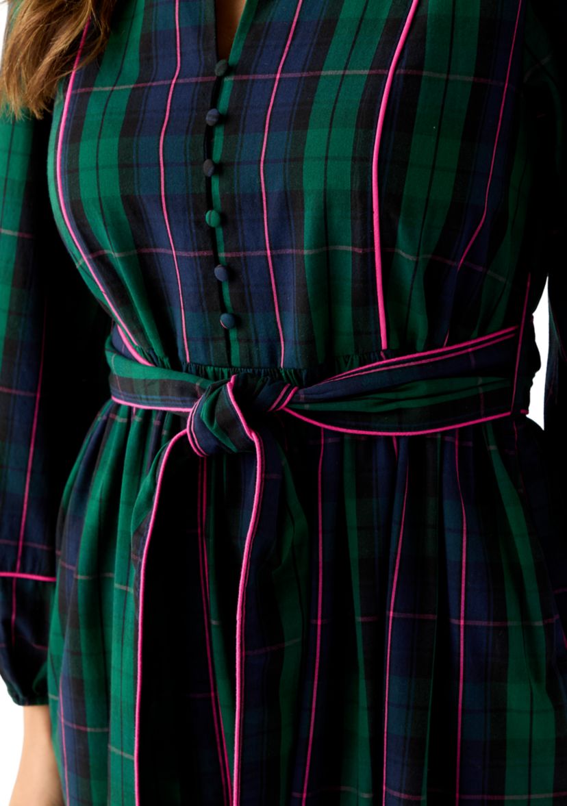 Womens Blouson Sleeve Plaid Midi Dress with Self Belt 