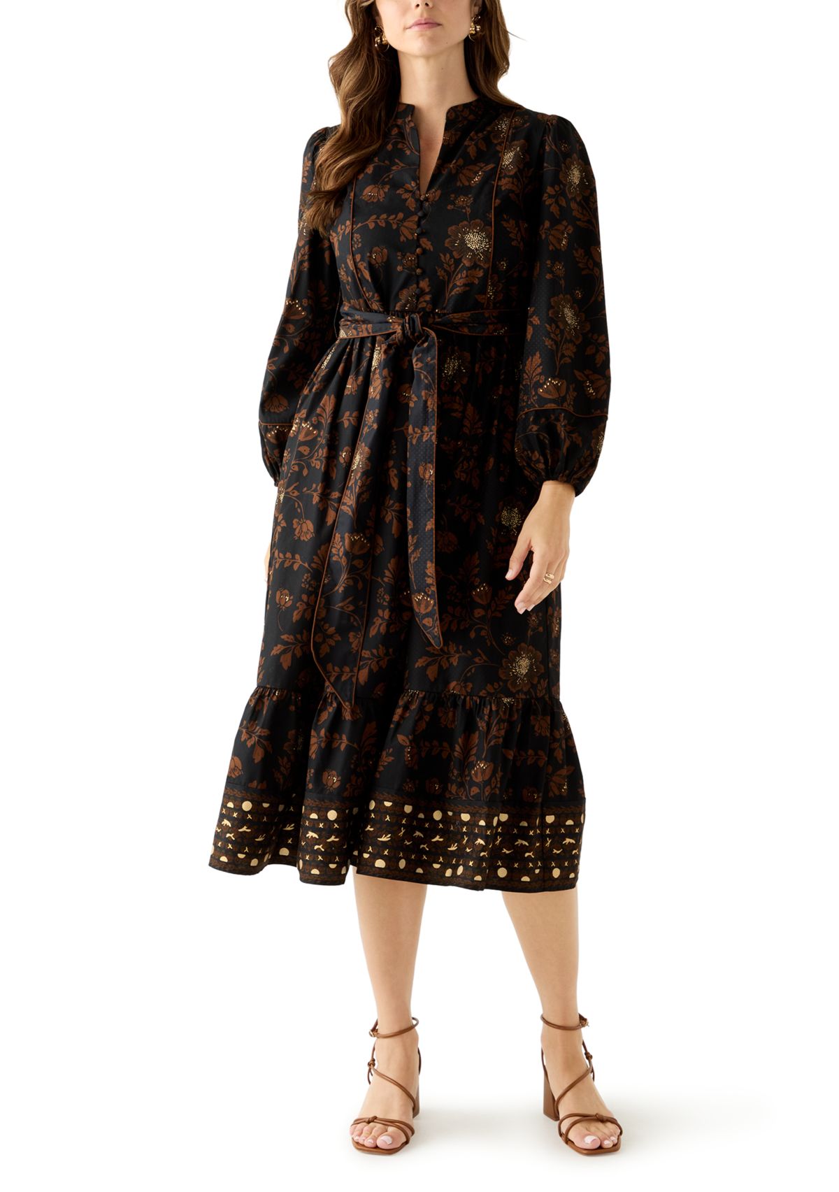 Womens Blouson Sleeve Foil Floral Print Midi Dress
