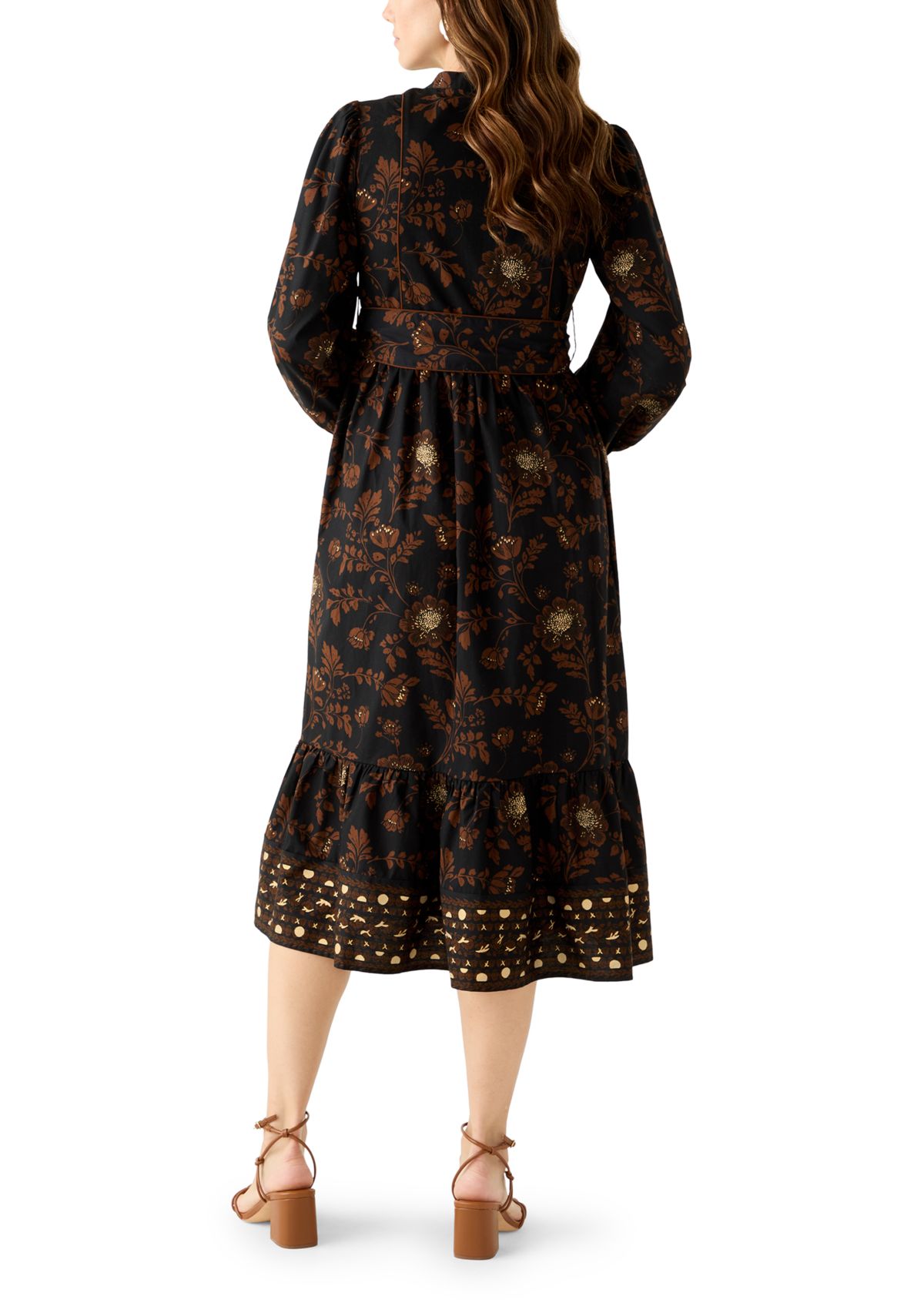 Womens Blouson Sleeve Foil Floral Print Midi Dress