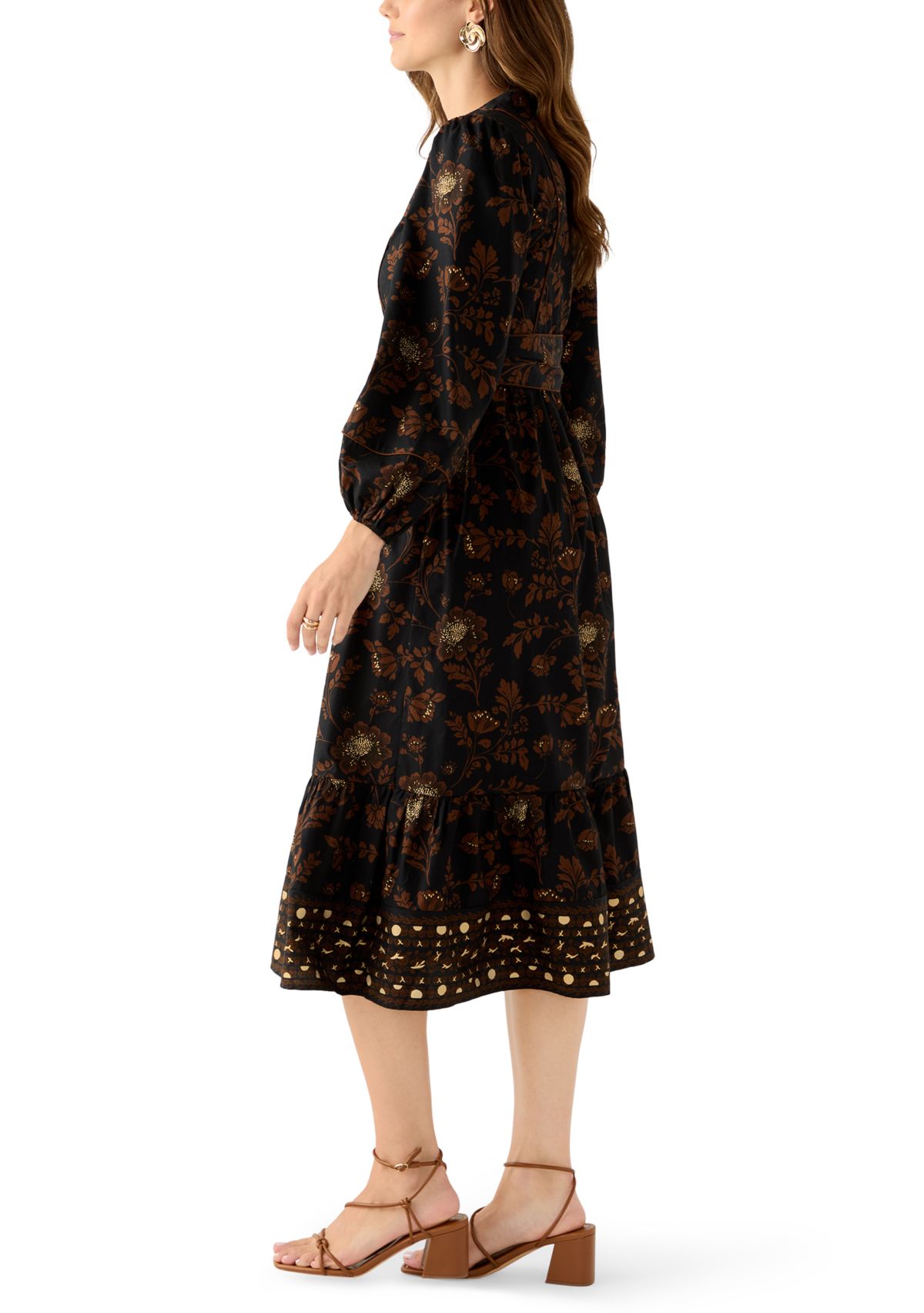 Womens Blouson Sleeve Foil Floral Print Midi Dress