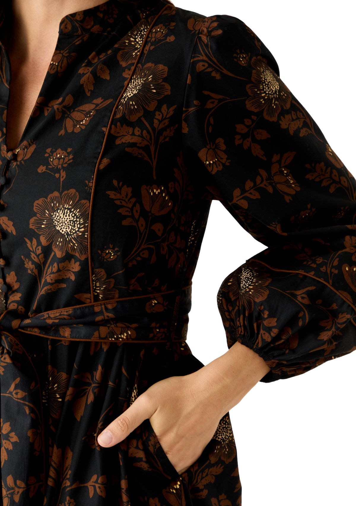 Womens Blouson Sleeve Foil Floral Print Midi Dress