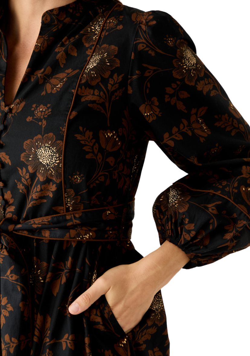 Womens Blouson Sleeve Foil Floral Print Midi Dress