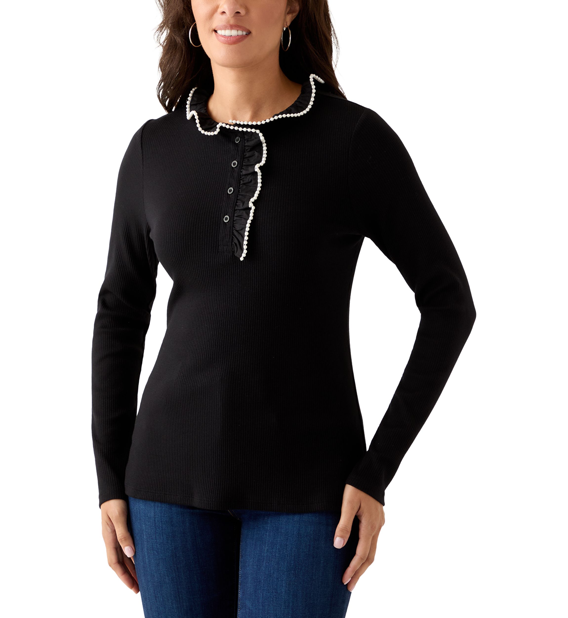 Womens Long Sleeve Embroidered Ruffle Neck Top