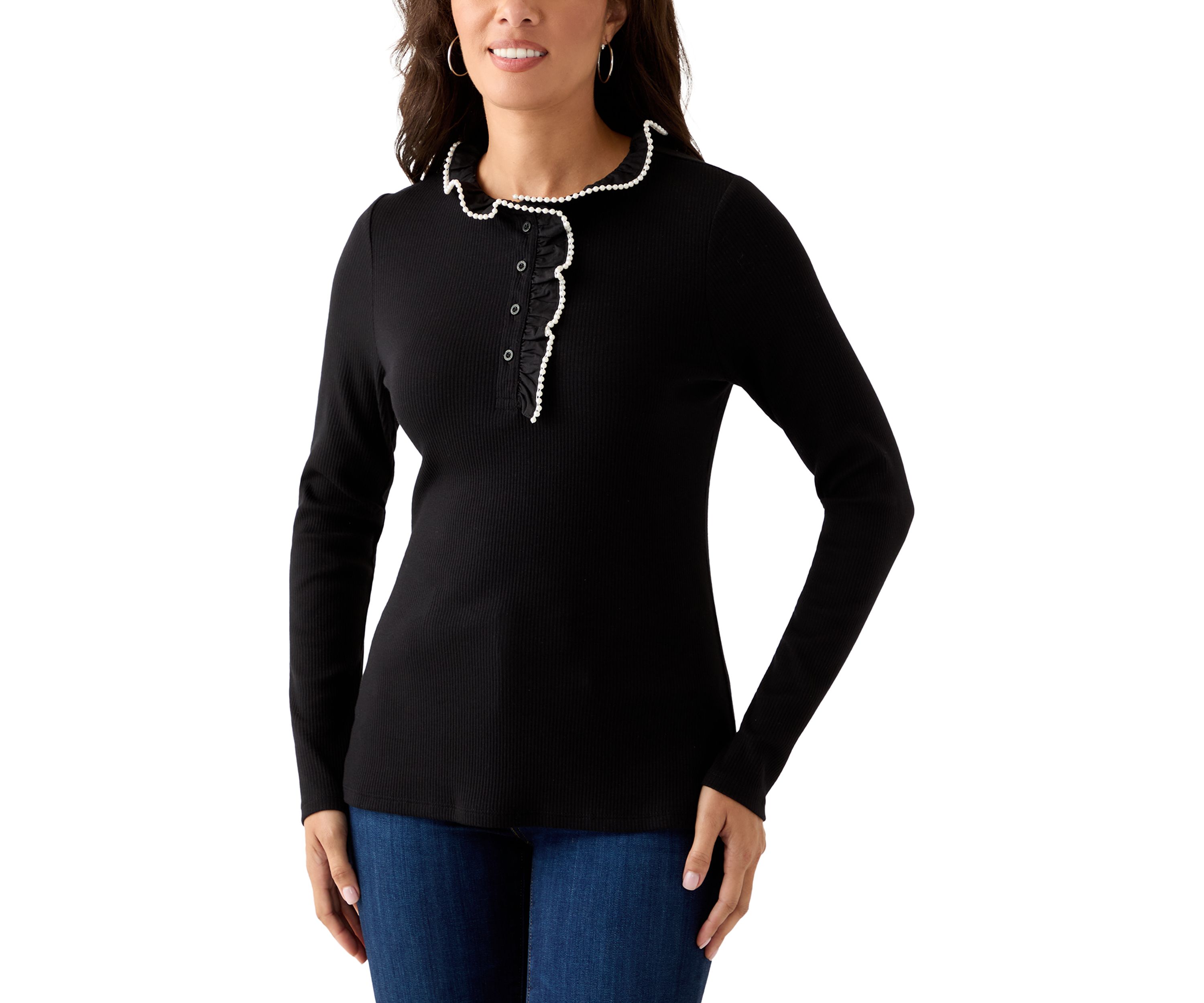 Womens Long Sleeve Embroidered Ruffle Neck Top