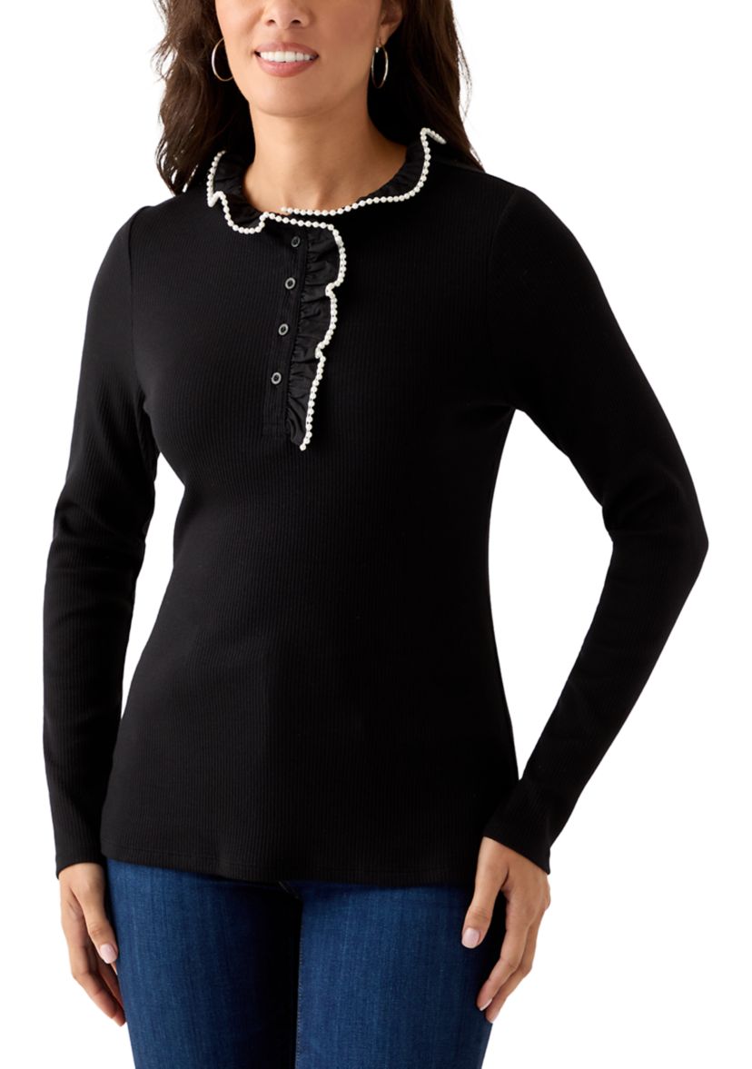 Womens Long Sleeve Embroidered Ruffle Neck Top