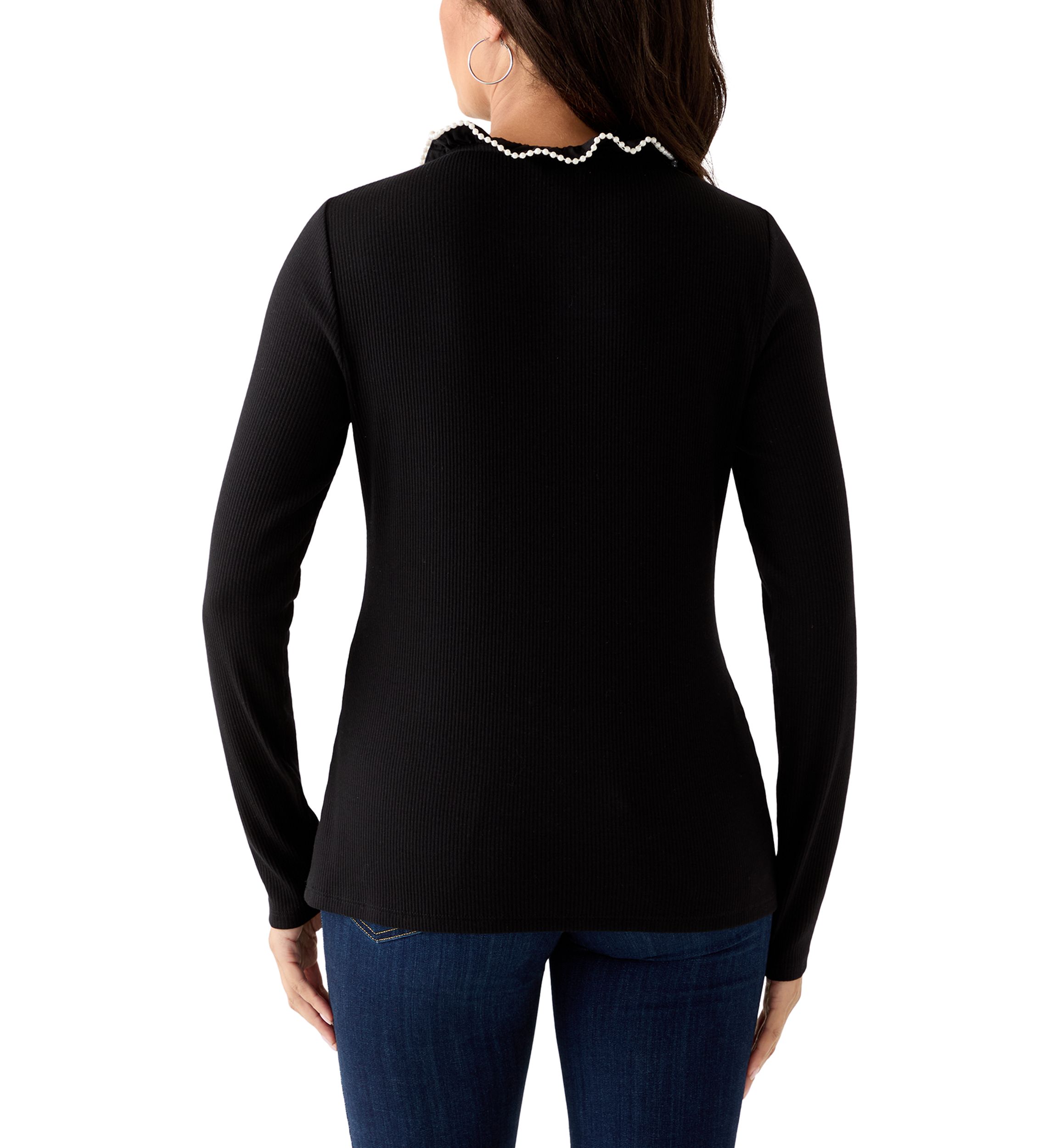 Womens Long Sleeve Embroidered Ruffle Neck Top