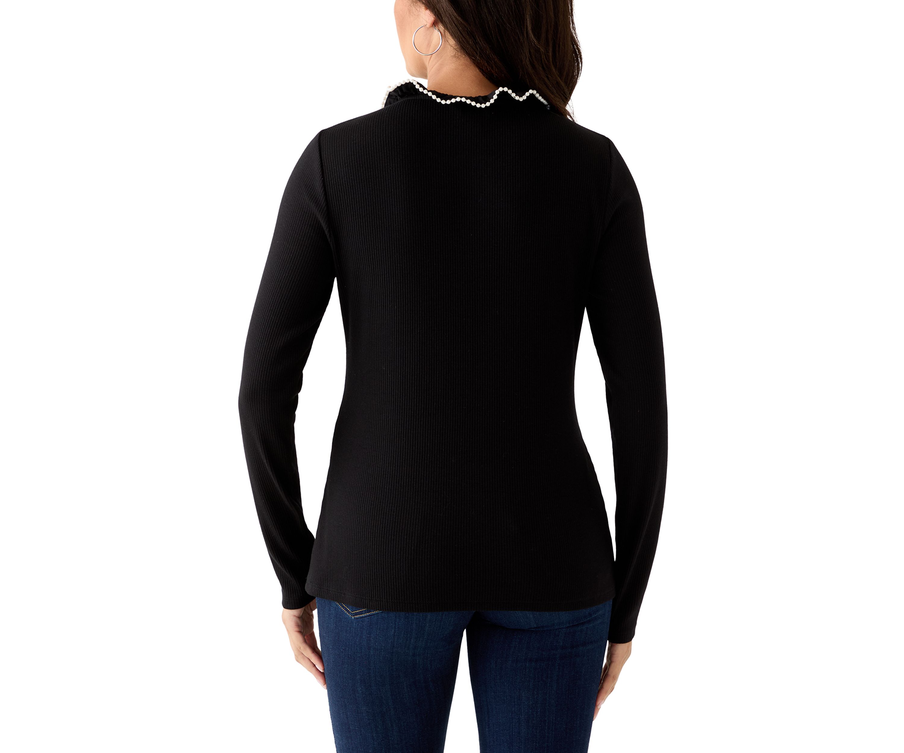Womens Long Sleeve Embroidered Ruffle Neck Top
