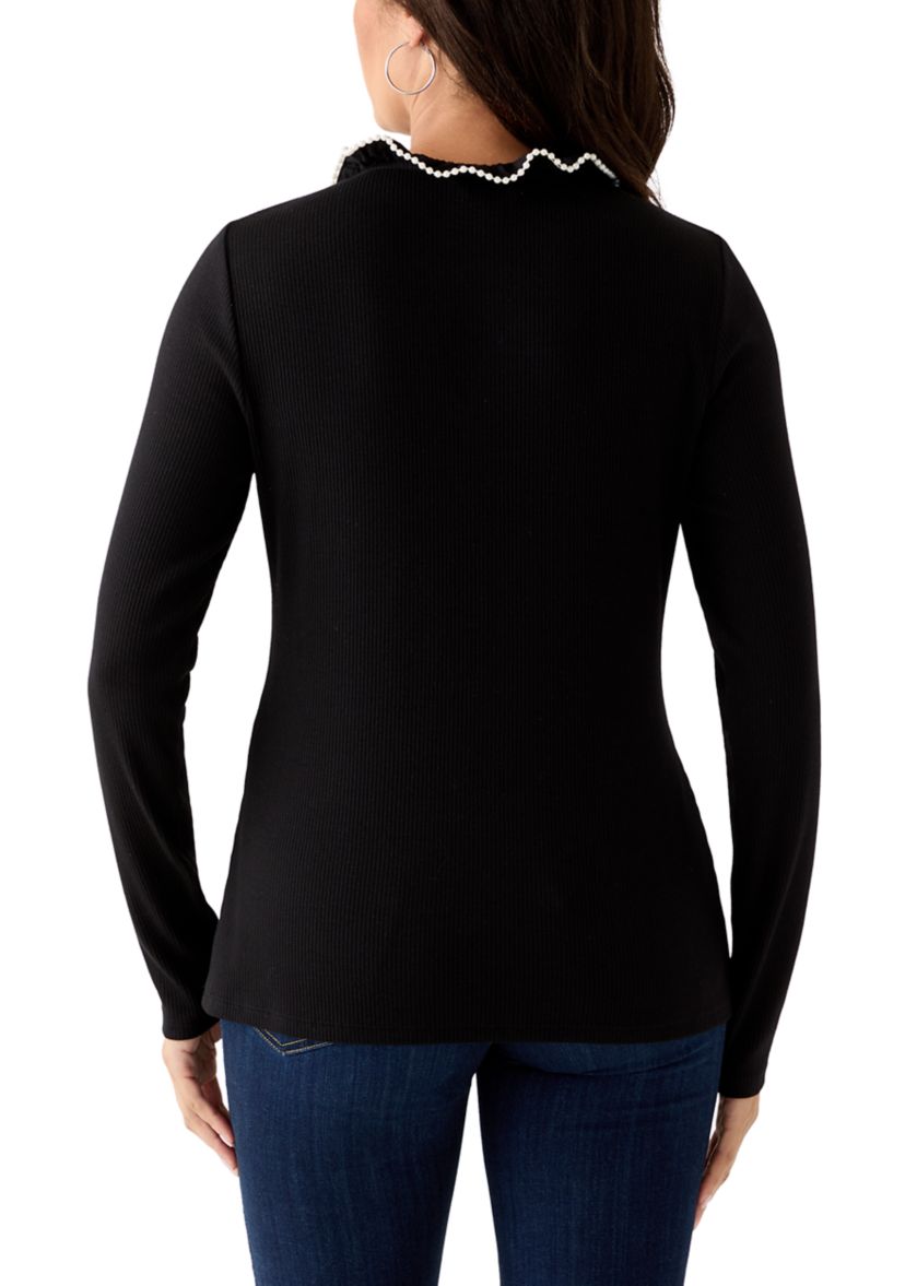 Womens Long Sleeve Embroidered Ruffle Neck Top