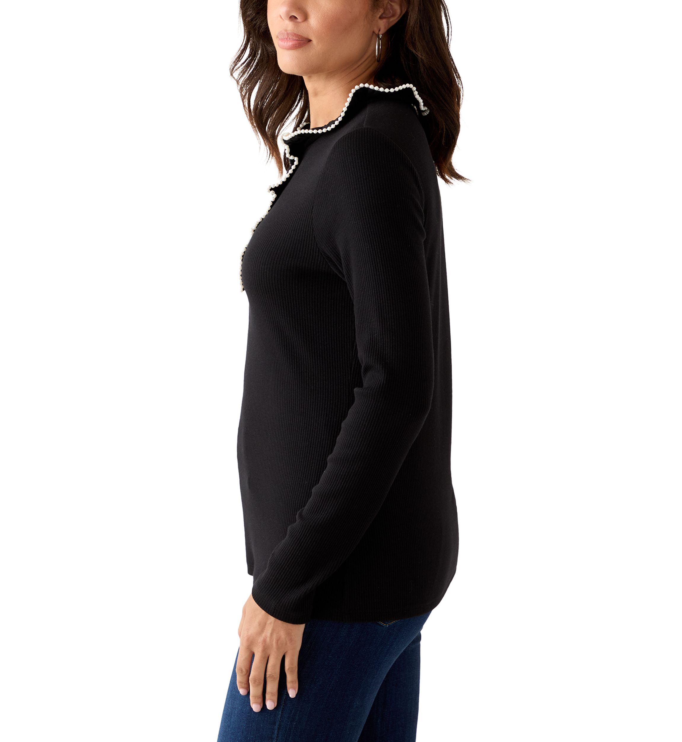 Womens Long Sleeve Embroidered Ruffle Neck Top