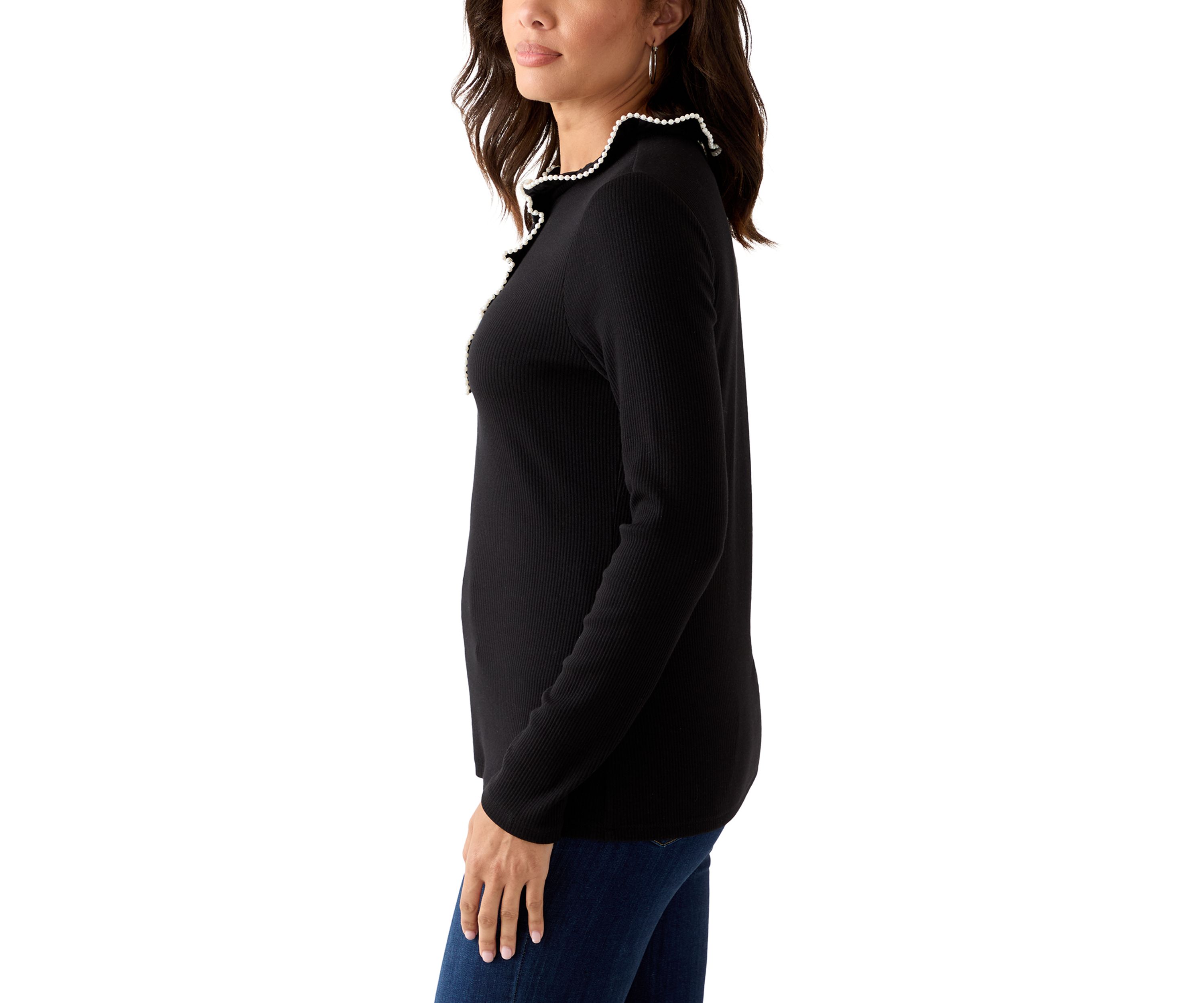 Womens Long Sleeve Embroidered Ruffle Neck Top