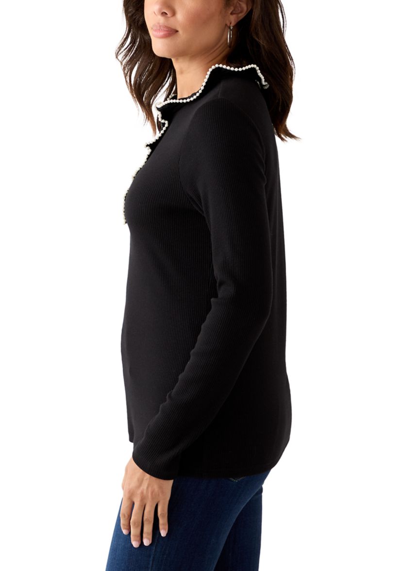 Womens Long Sleeve Embroidered Ruffle Neck Top