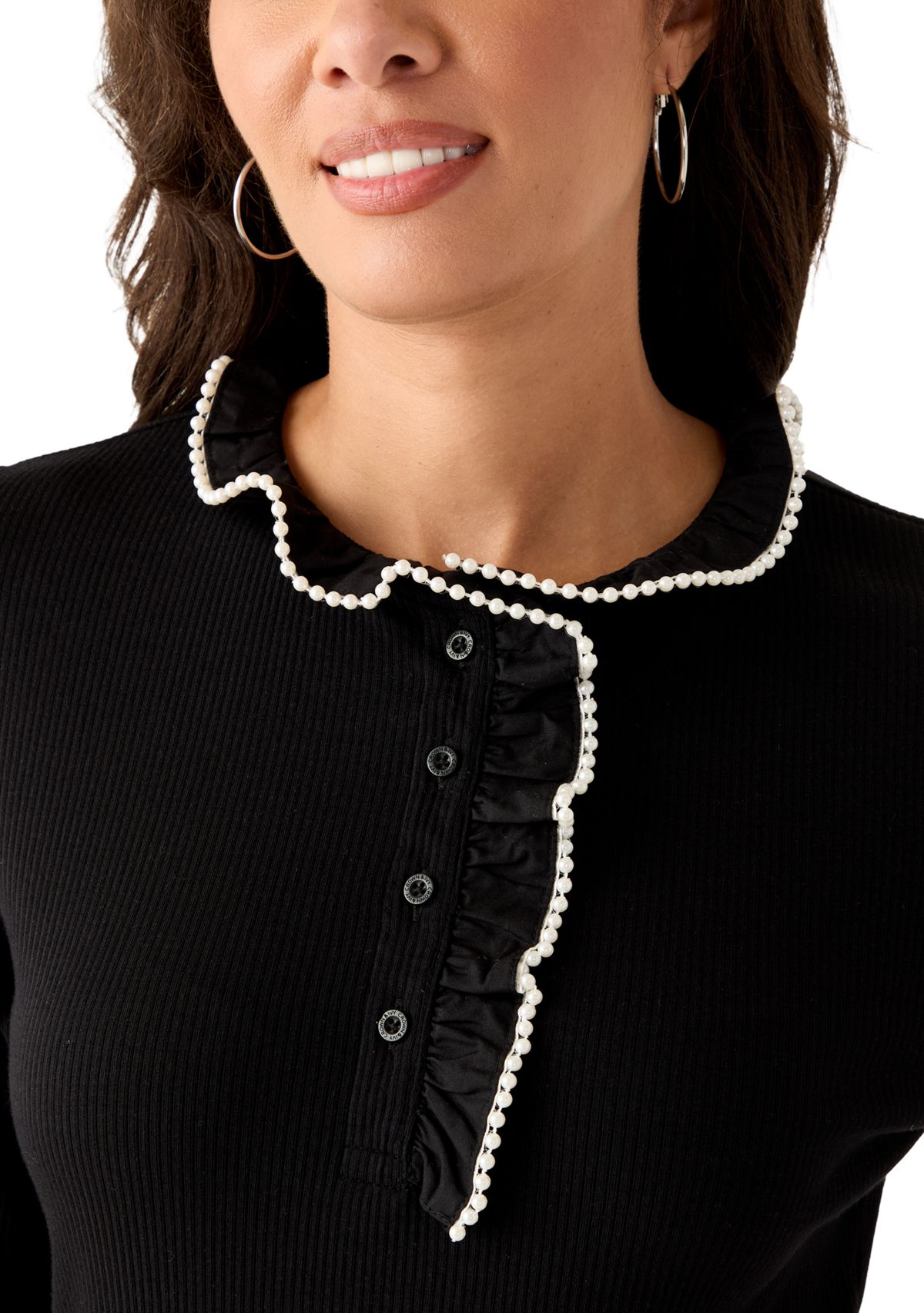 Womens Long Sleeve Embroidered Ruffle Neck Top