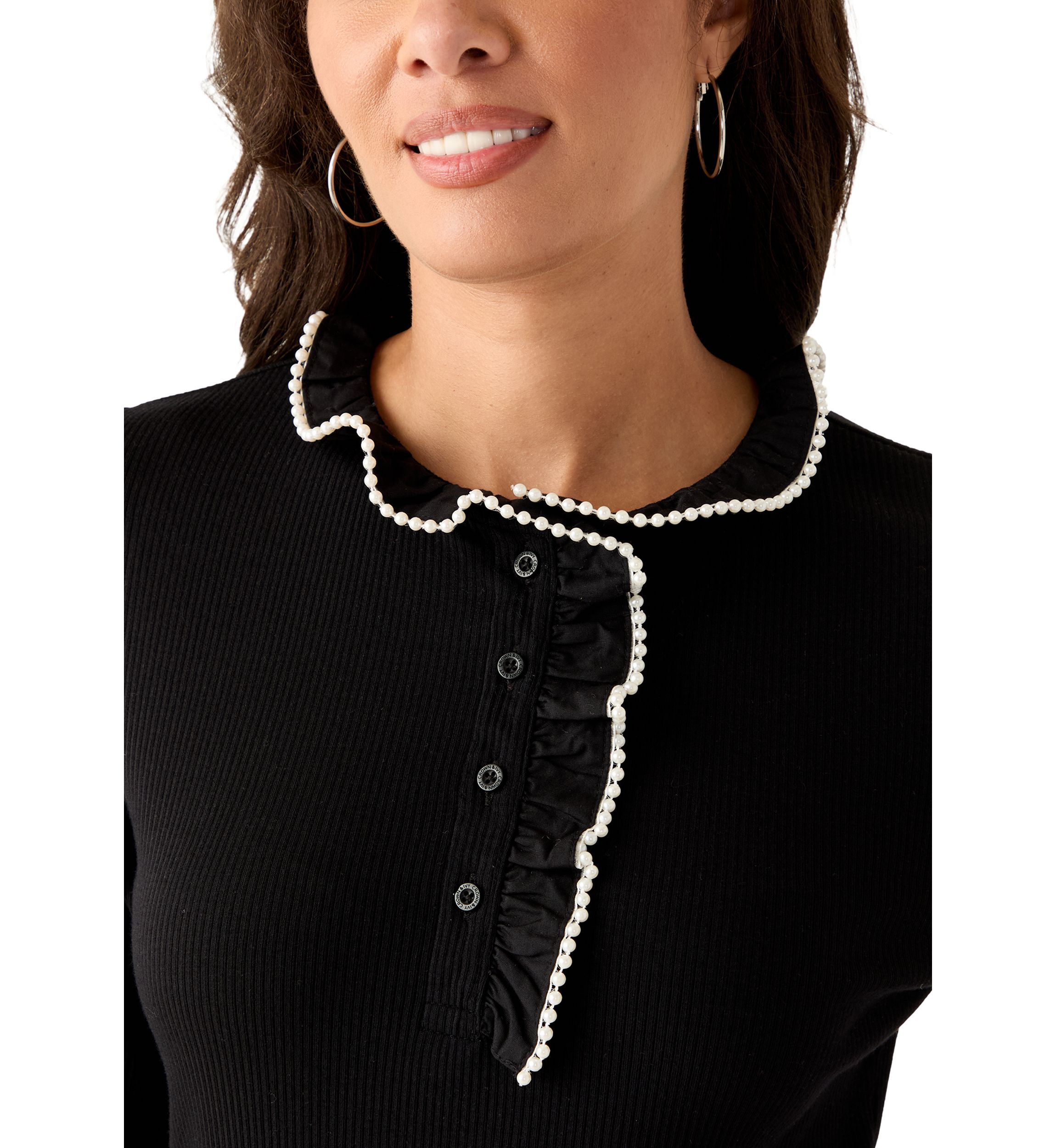 Womens Long Sleeve Embroidered Ruffle Neck Top