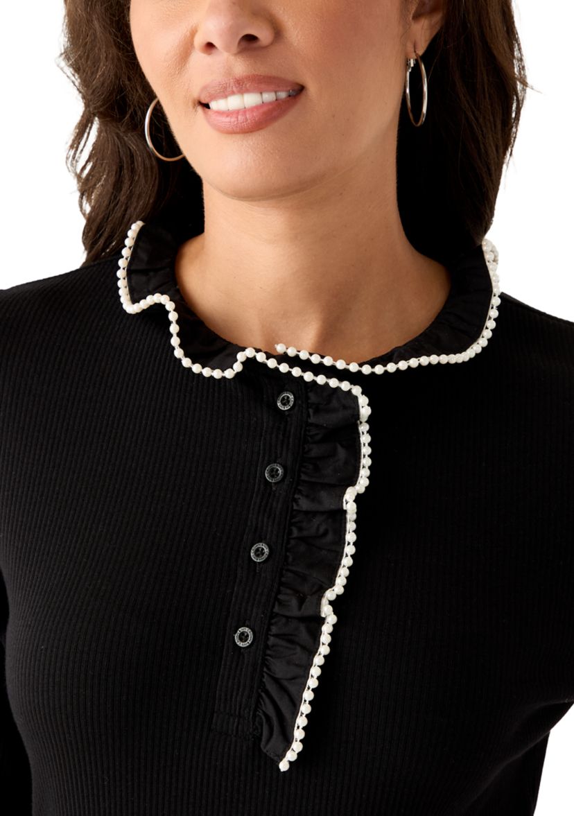 Womens Long Sleeve Embroidered Ruffle Neck Top