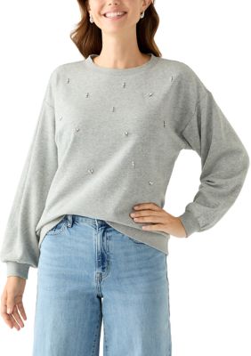 Crown & Ivy Women's Jewel Embellished Sweatshirt, Grey, Medium