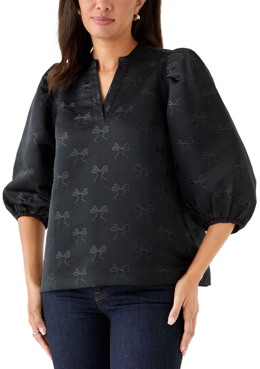 Womens 3/4 Puff Sleeve Jacquard Top
