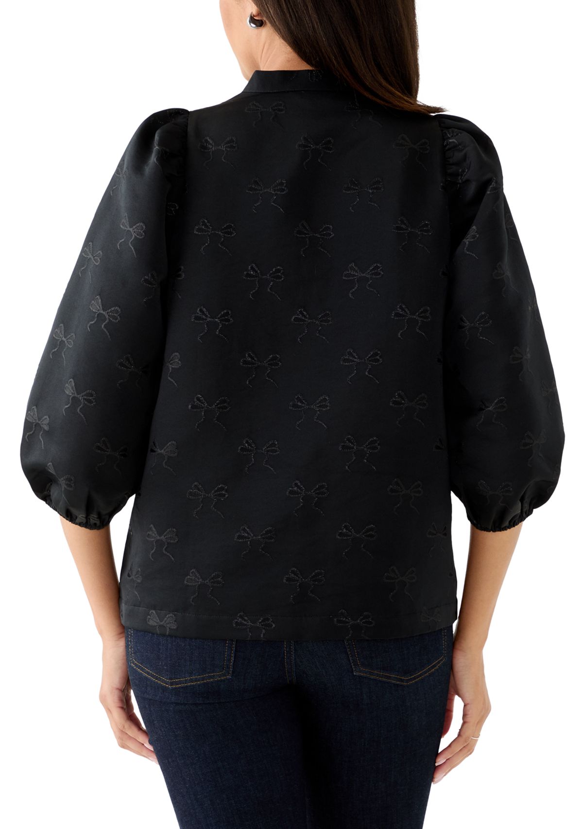 Womens 3/4 Puff Sleeve Jacquard Top