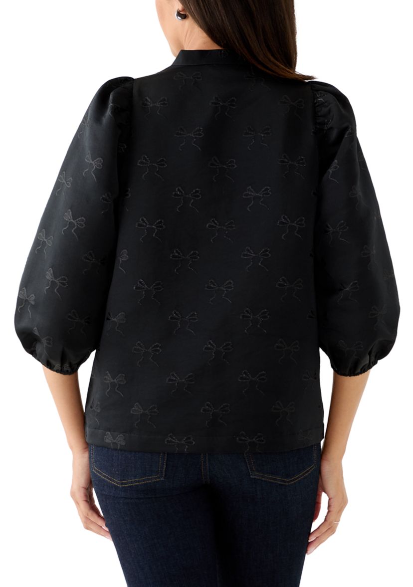 Womens 3/4 Puff Sleeve Jacquard Top