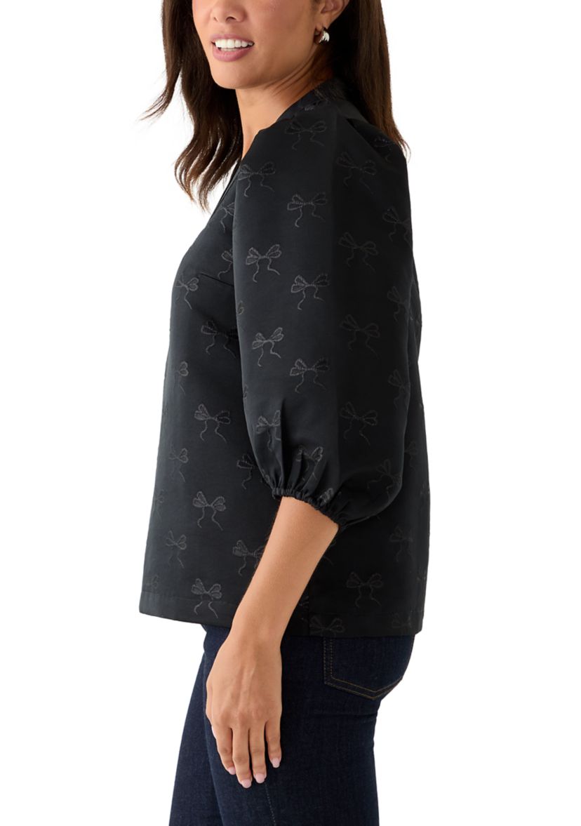 Womens 3/4 Puff Sleeve Jacquard Top