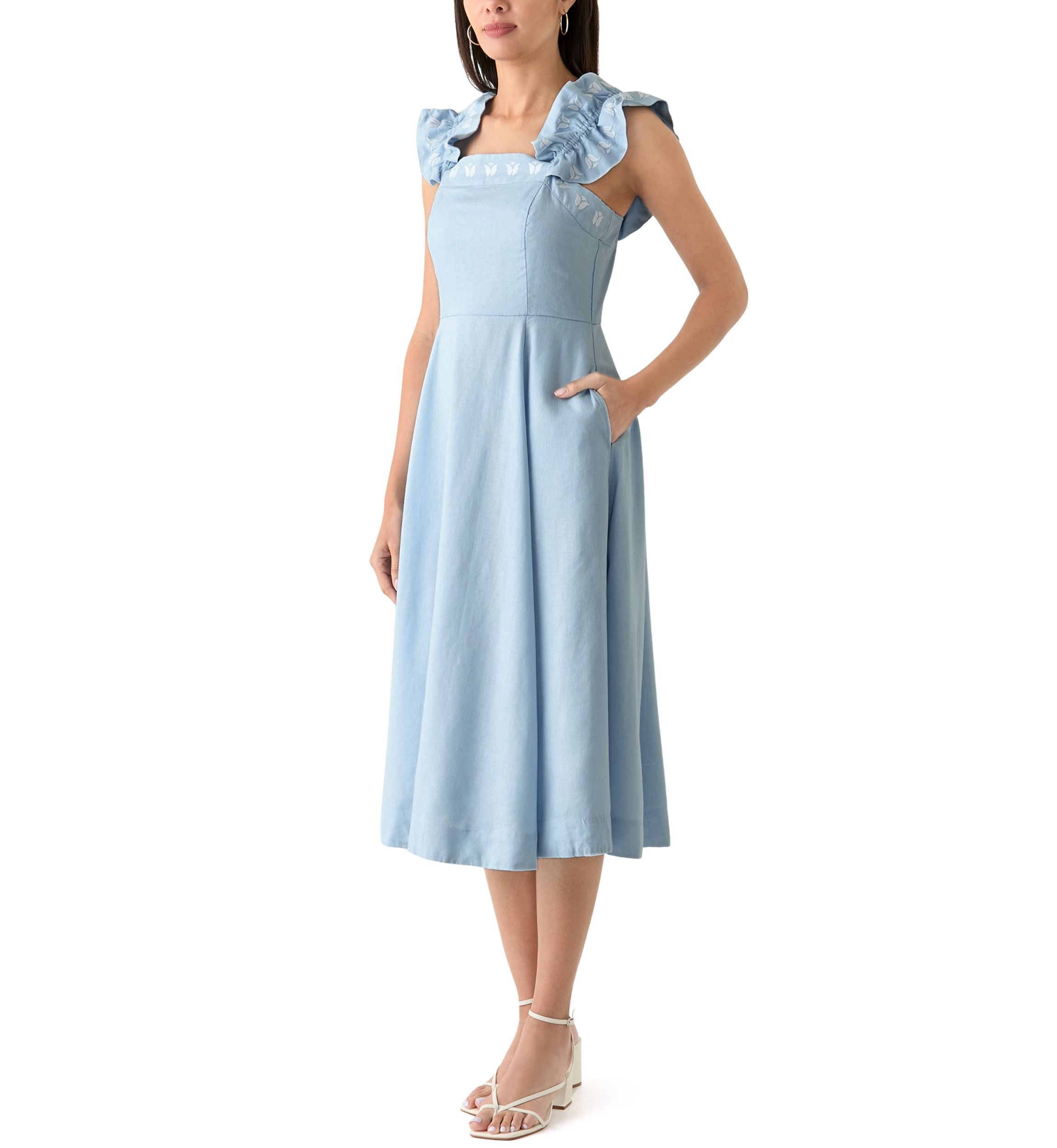 Womens Sleeveless Embroidered Ruffle Dress