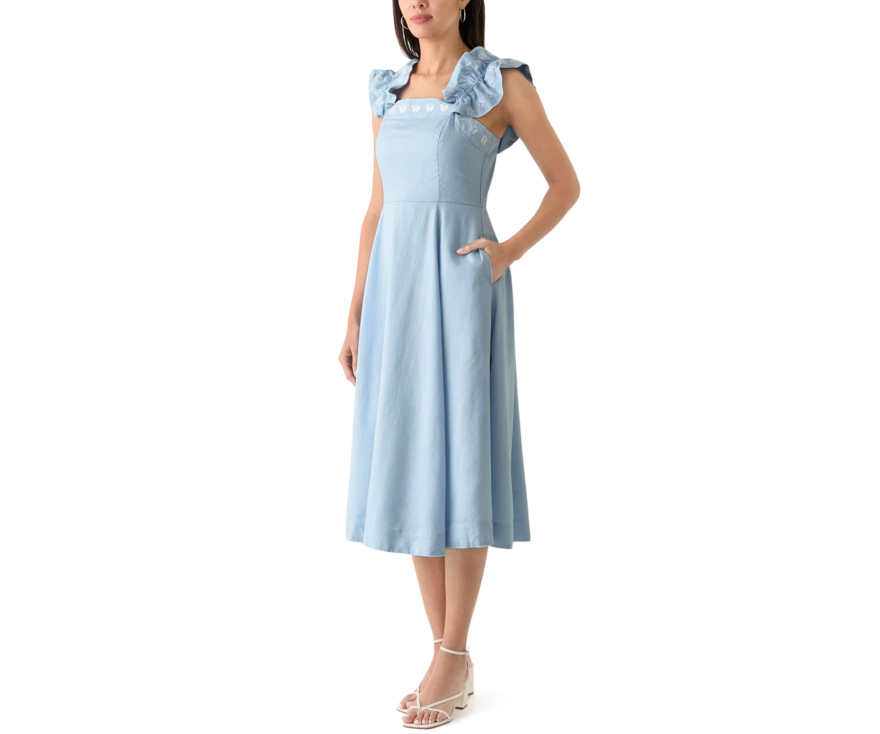 Womens Sleeveless Embroidered Ruffle Dress