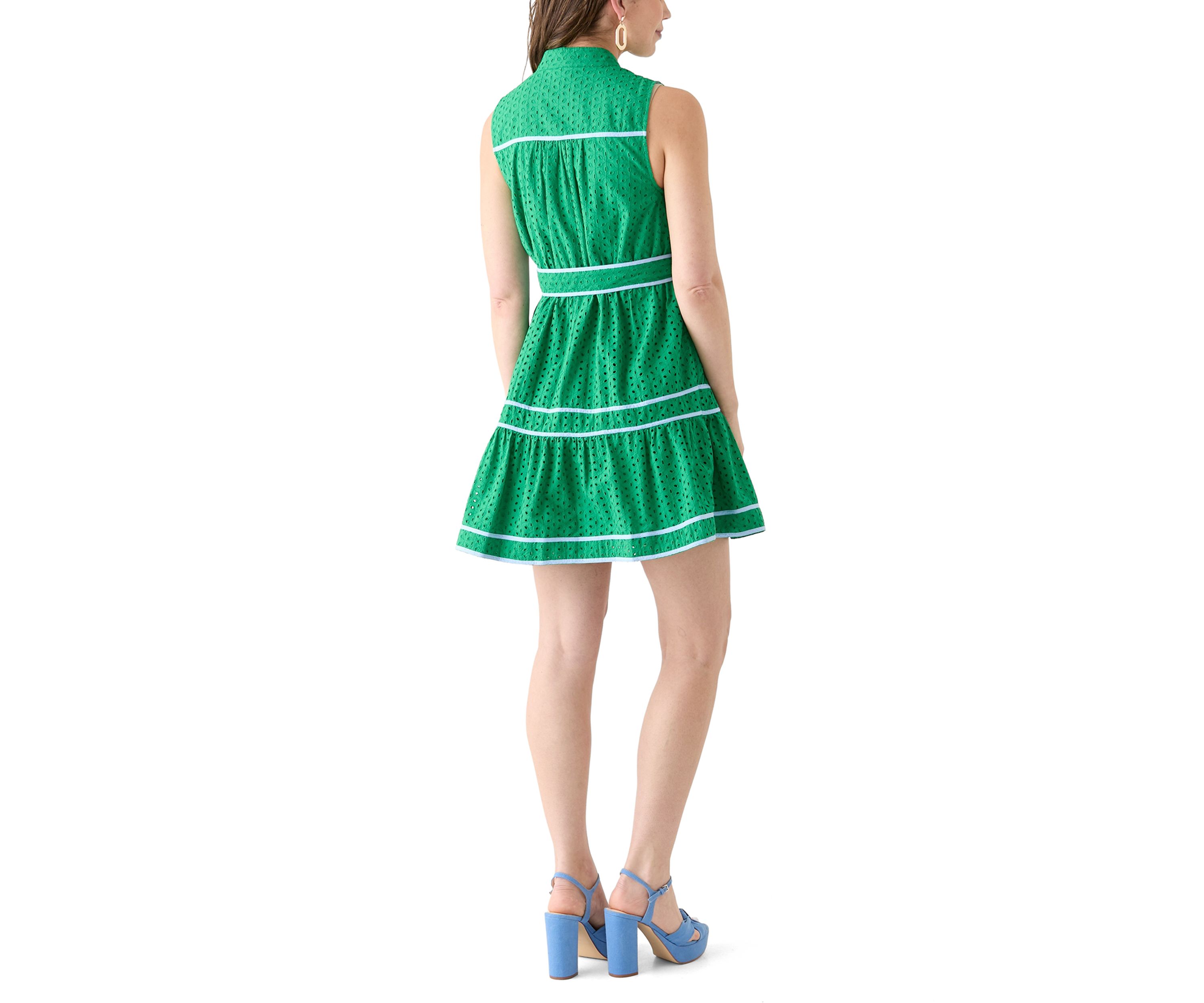 Womens Short Sleeve Eyelet Piped Dress 