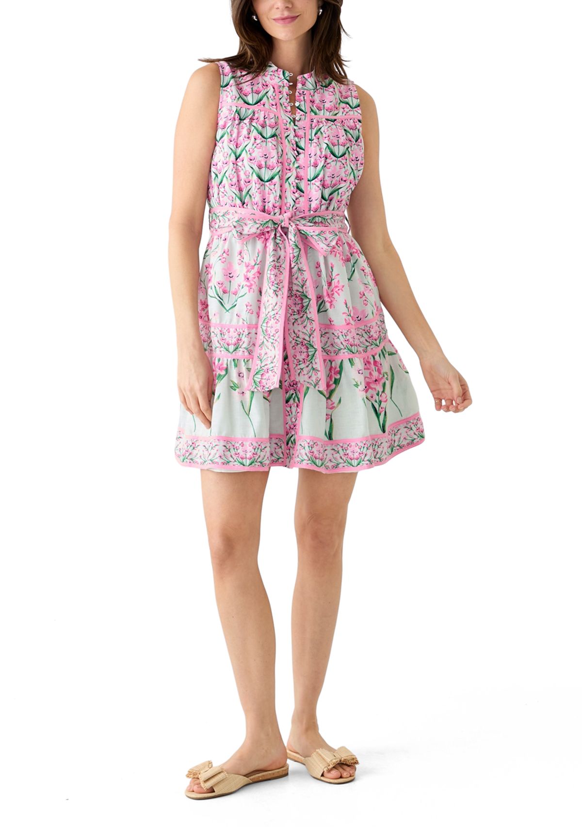 Womens Sleeveless Eyelet Piped Dress