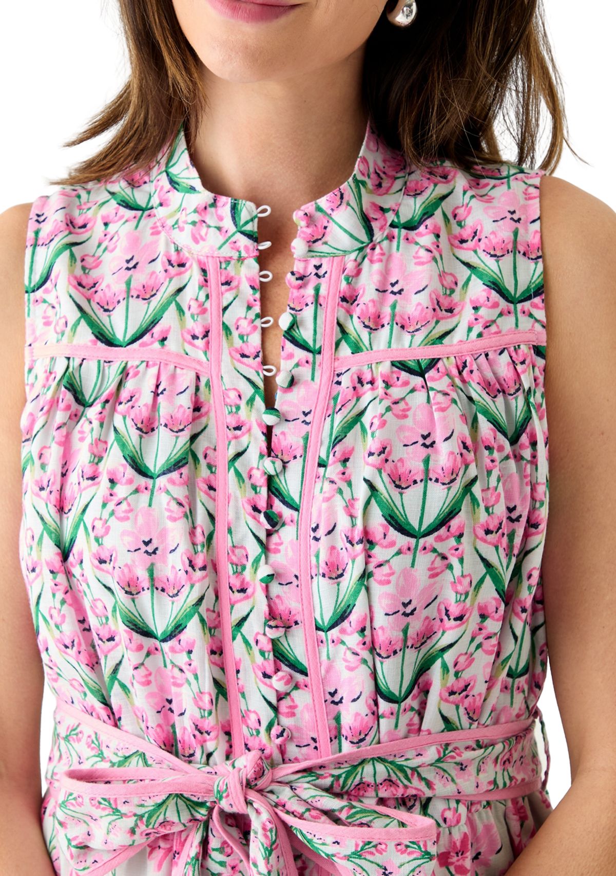 Womens Sleeveless Eyelet Piped Dress