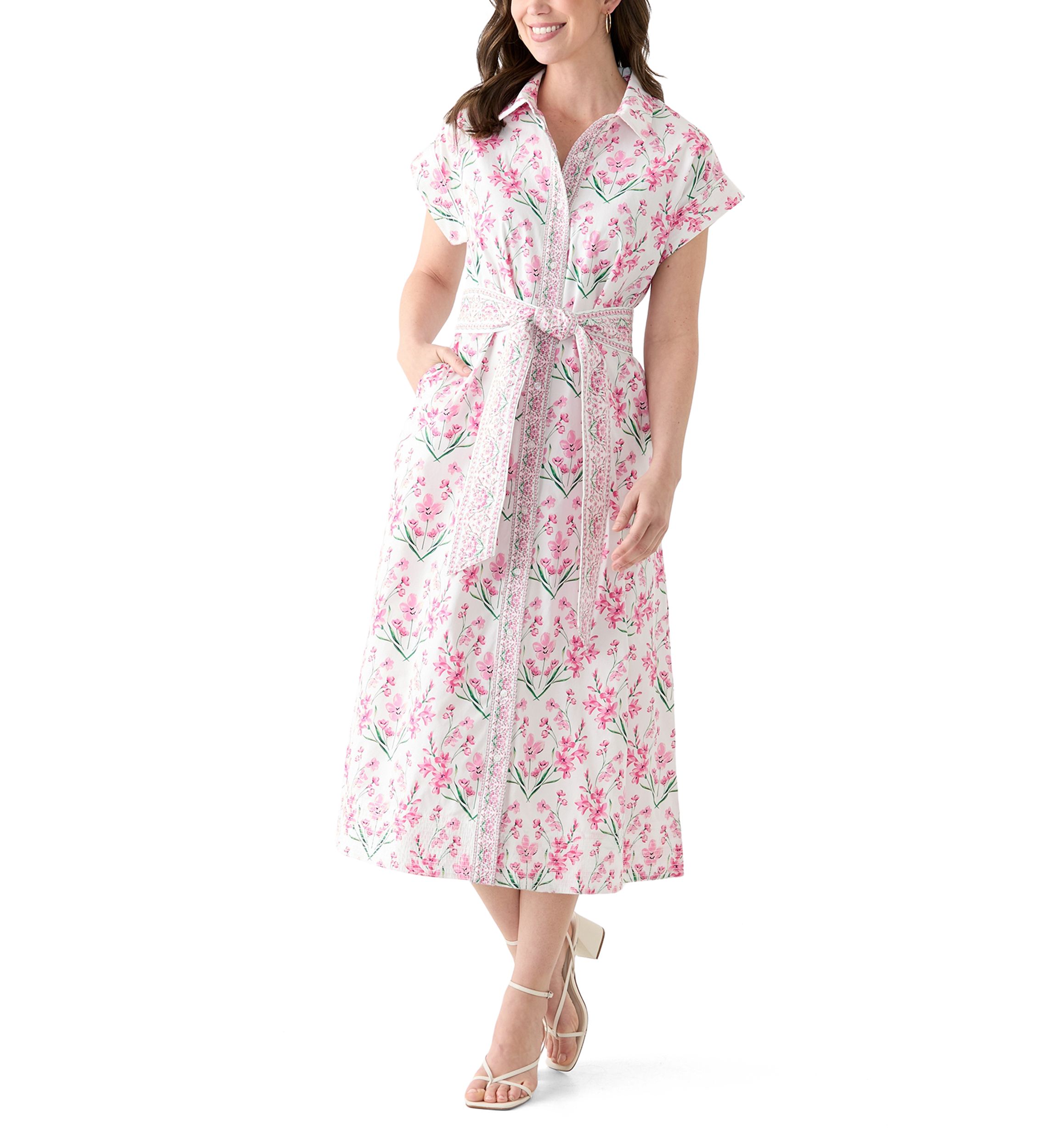 Womens Printed Belted Midi Dress